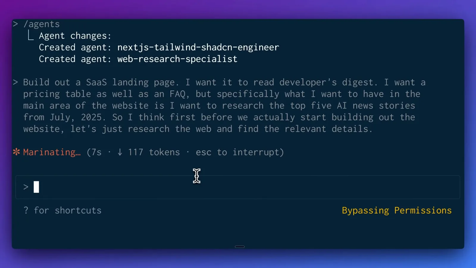 User prompt asking Claude Code to build a SaaS landing page whose main area researches the top five AI news stories from July 2025.