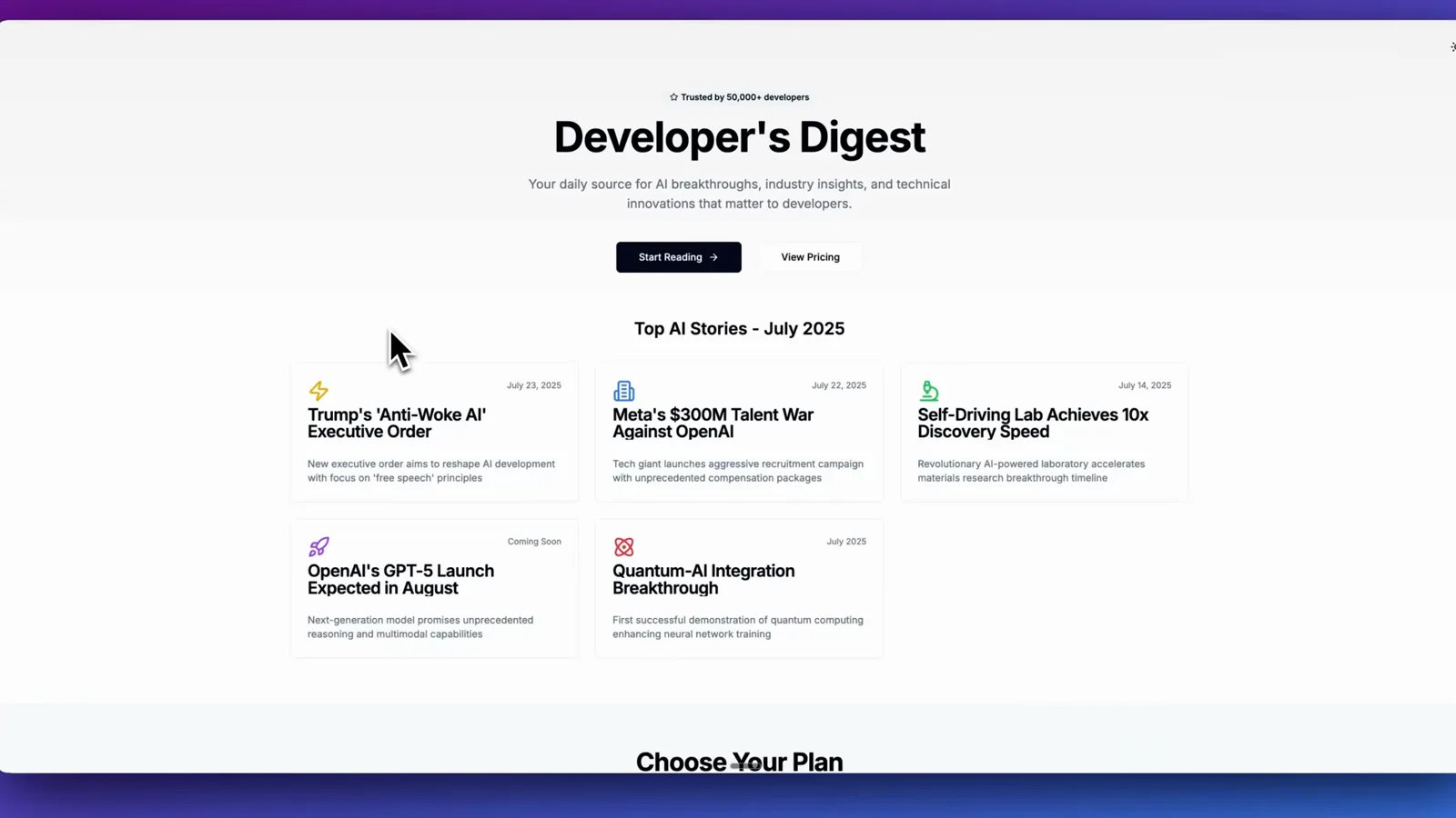 Finished Developer's Digest landing page showing five researched AI stories above its Choose Your Plan pricing section.