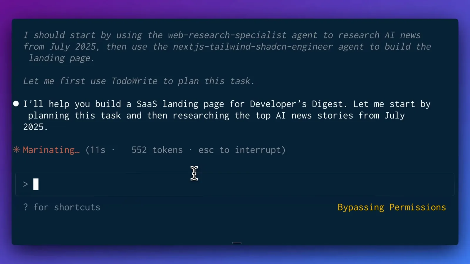 Claude Code planning a multi-step task that researches AI news with the web-research-specialist agent before building the landing page.