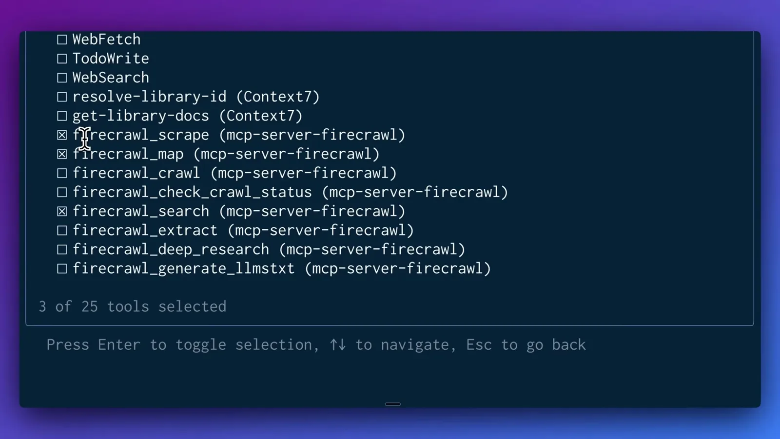Tool checklist for the research agent keeping only three Firecrawl MCP tools selected, with the counter reading 3 of 25 tools selected.