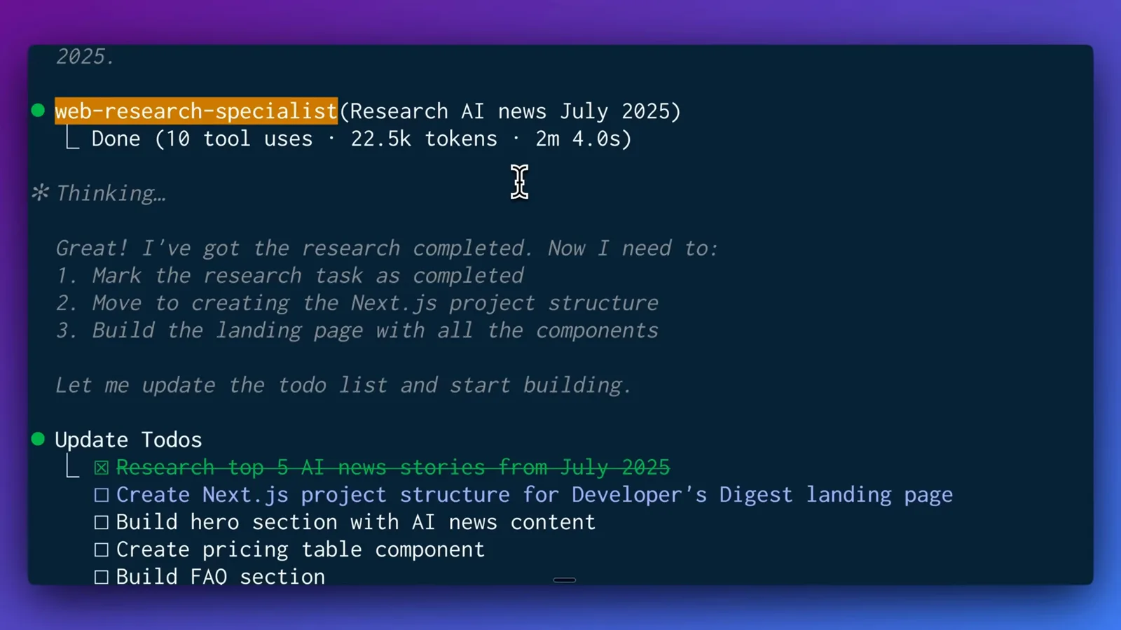 web-research-specialist finishing with 10 tool uses and 22.5k tokens while the research todo item gets struck off the list.