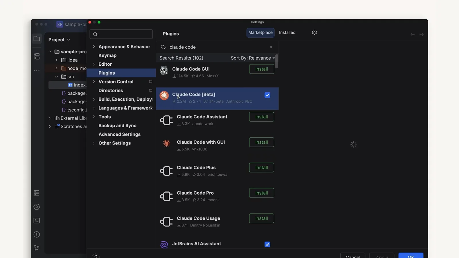 JetBrains IDE Marketplace search for claude code showing Claude Code Beta ticked as installed beside Claude Code Assistant and Claude Code Pro plugin listings