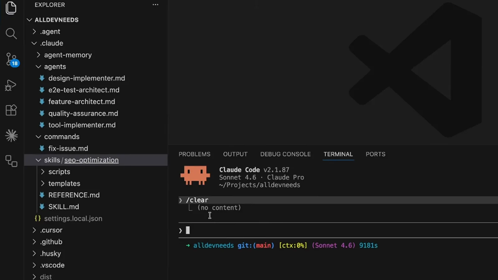 VS Code integrated terminal showing the Claude Code v2.1.87 startup banner with the Sonnet 4.6 model and project path after a fresh session