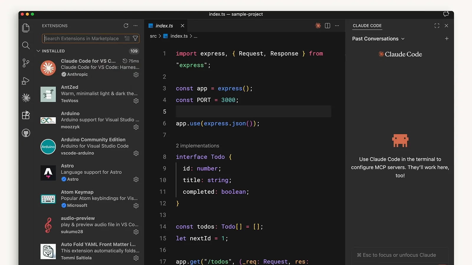 VS Code extensions panel listing Claude Code for VS Code by Anthropic among installed extensions beside the open Claude Code side panel