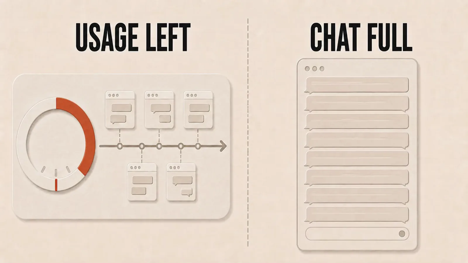 Split graphic contrasting USAGE LEFT on a plan dial with CHAT FULL in a context window, showing a usage limit is not a context limit