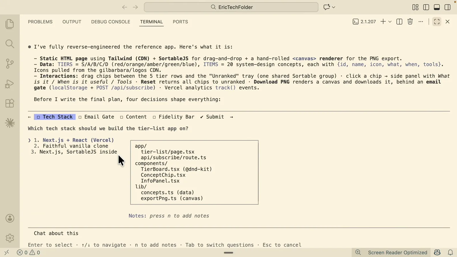 Claude Code plan mode asking an interactive tech stack question with selectable options and a file tree preview in Visual Studio Code