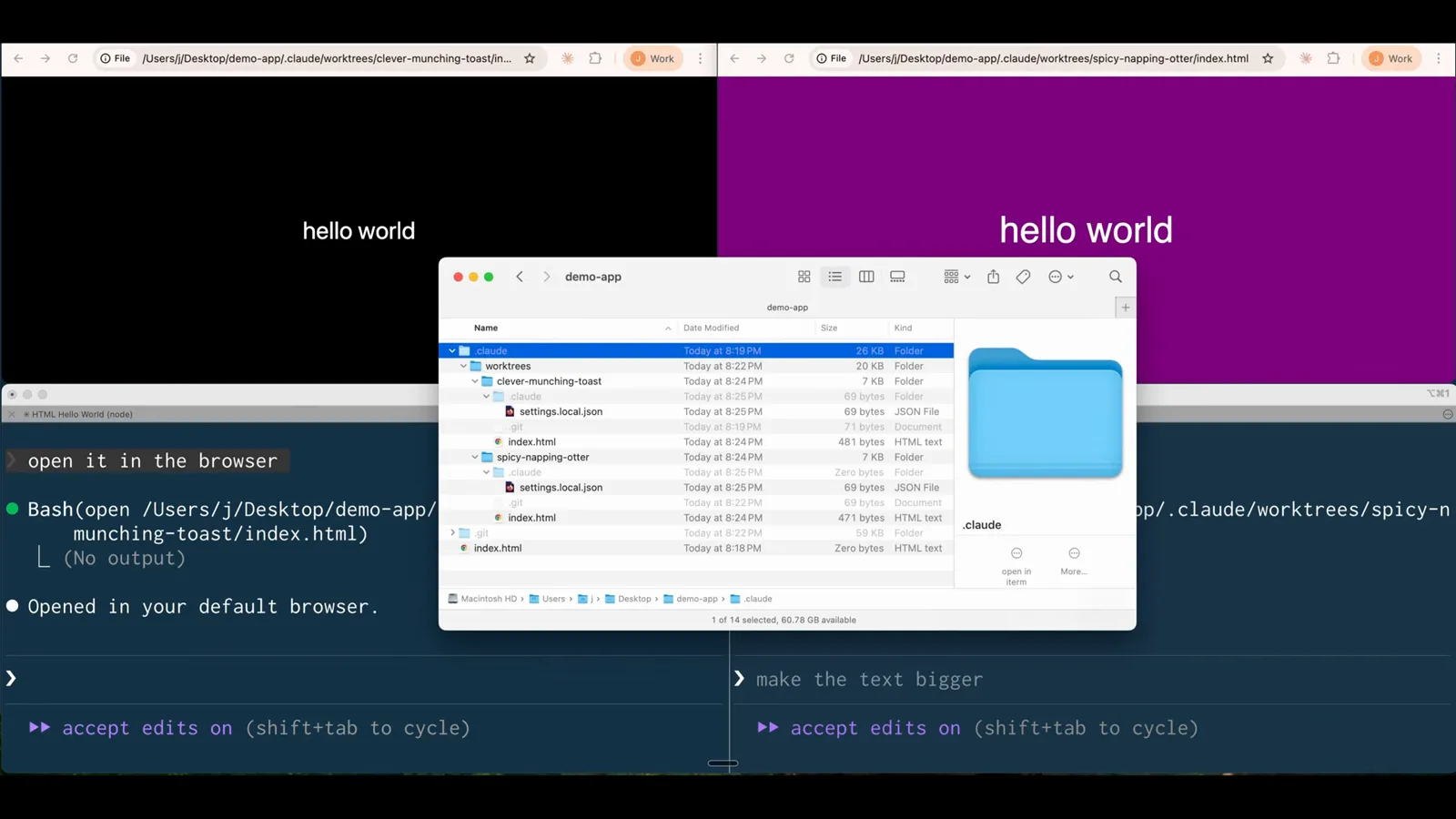 macOS Finder window listing .claude/worktrees with clever-munching-toast and spicy-napping-otter copies behind two browser tabs, each worktree holding its own git folder and index.html macOS Finder window listing .claude/worktrees with clever-munching-toast and spicy-napping-otter copies behind two browser tabs, each worktree holding its own git folder and index.html