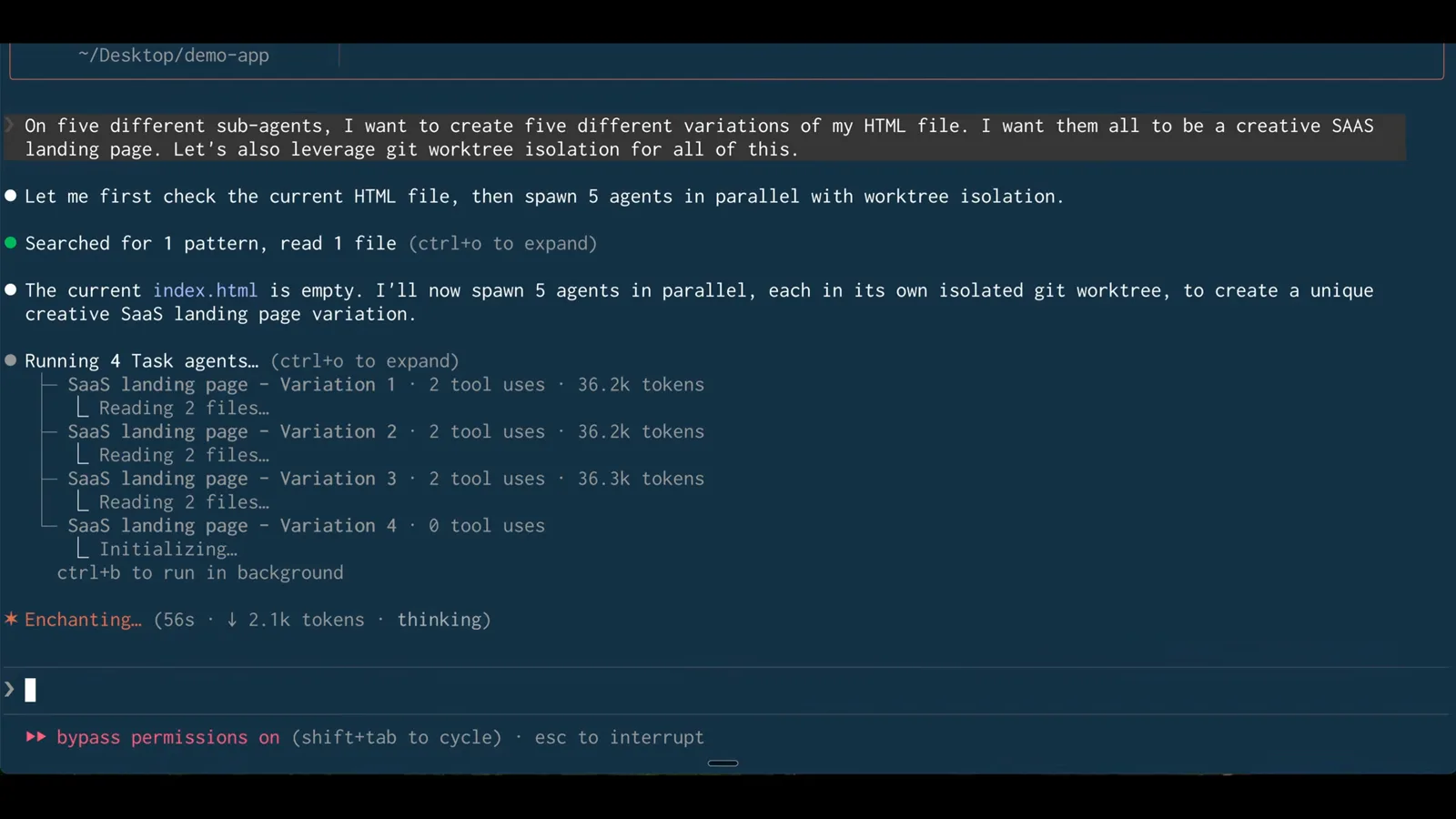 Claude Code spawning five Task agents in parallel after a single prompt requesting creative SaaS landing page variations with git worktree isolation Claude Code spawning five Task agents in parallel after a single prompt requesting creative SaaS landing page variations with git worktree isolation