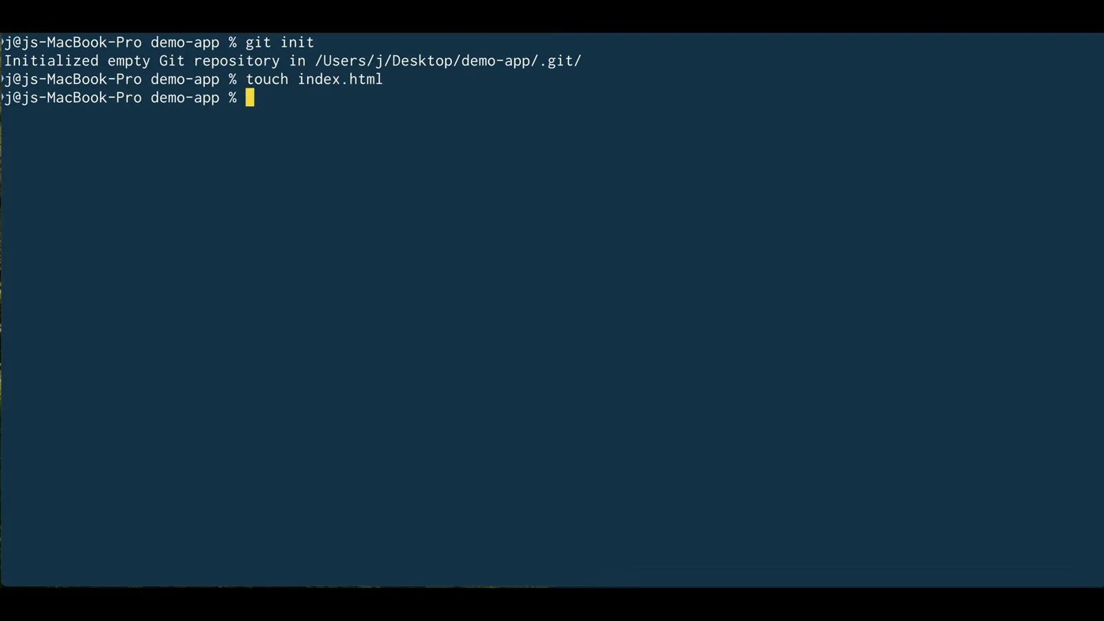 Terminal running git init in a demo-app folder with Initialized empty Git repository output and touch index.html, the one-commit starting point Claude Code worktrees require Terminal running git init in a demo-app folder with Initialized empty Git repository output and touch index.html, the one-commit starting point Claude Code worktrees require