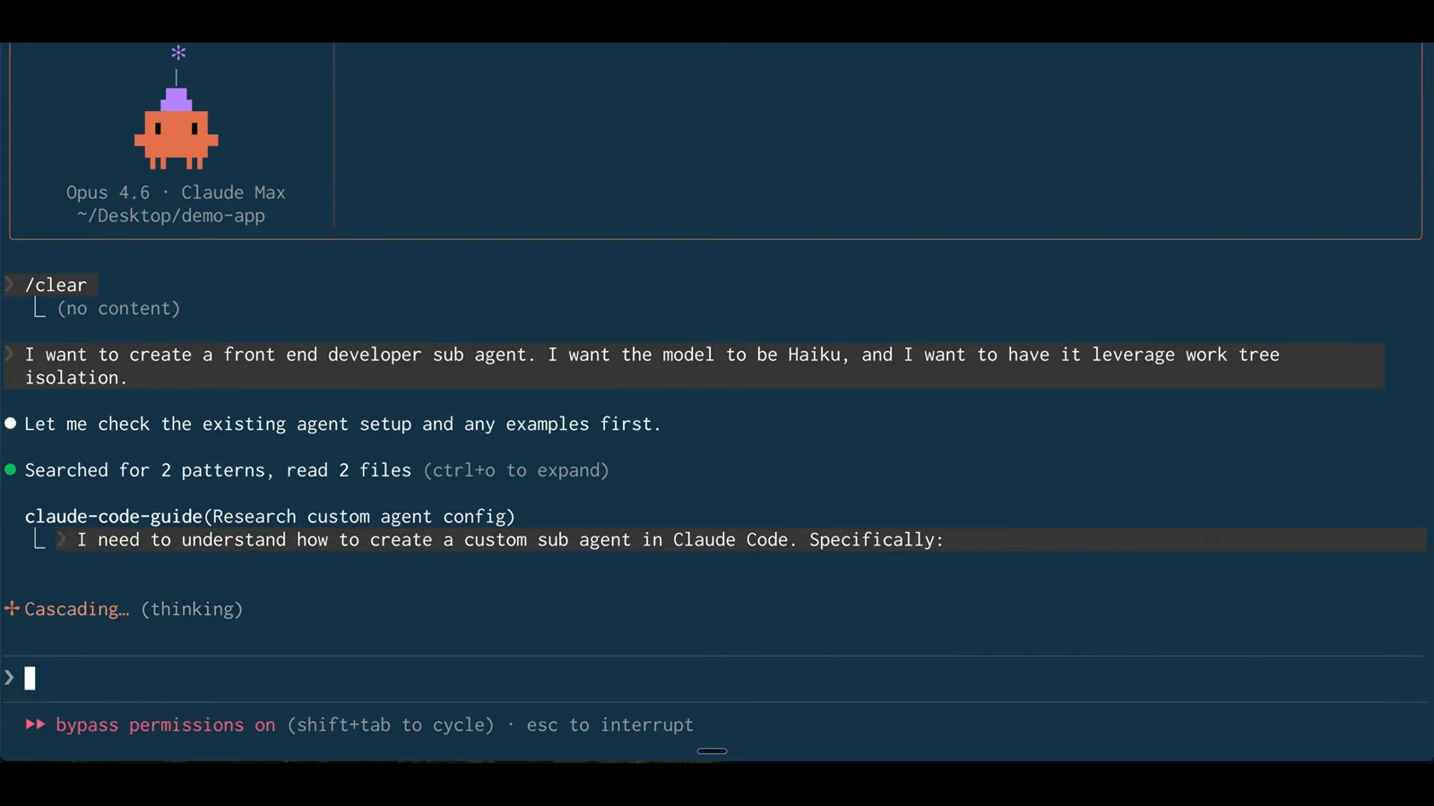 Claude Code accepting a natural-language request to create a front-end developer subagent with Haiku that leverages work tree isolation Claude Code accepting a natural-language request to create a front-end developer subagent with Haiku that leverages work tree isolation