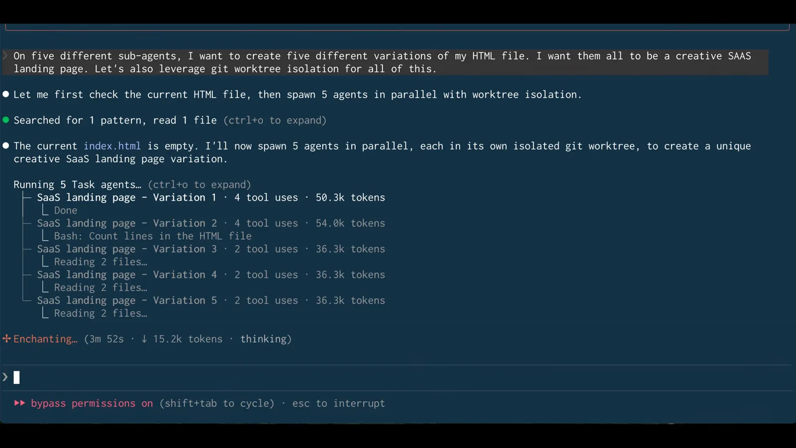 Claude Code task list with all five SaaS landing page subagents mid-run, each labeled with tool uses and token counts while isolated in its own worktree Claude Code task list with all five SaaS landing page subagents mid-run, each labeled with tool uses and token counts while isolated in its own worktree