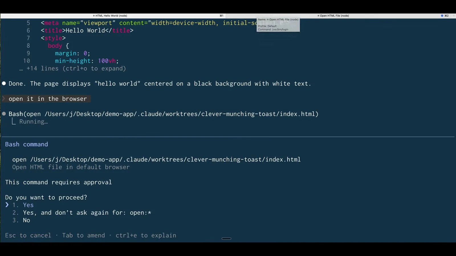 Claude Code permission prompt for an open command targeting .claude/worktrees/clever-munching-toast/index.html, showing the session working only inside its own worktree copy Claude Code permission prompt for an open command targeting .claude/worktrees/clever-munching-toast/index.html, showing the session working only inside its own worktree copy