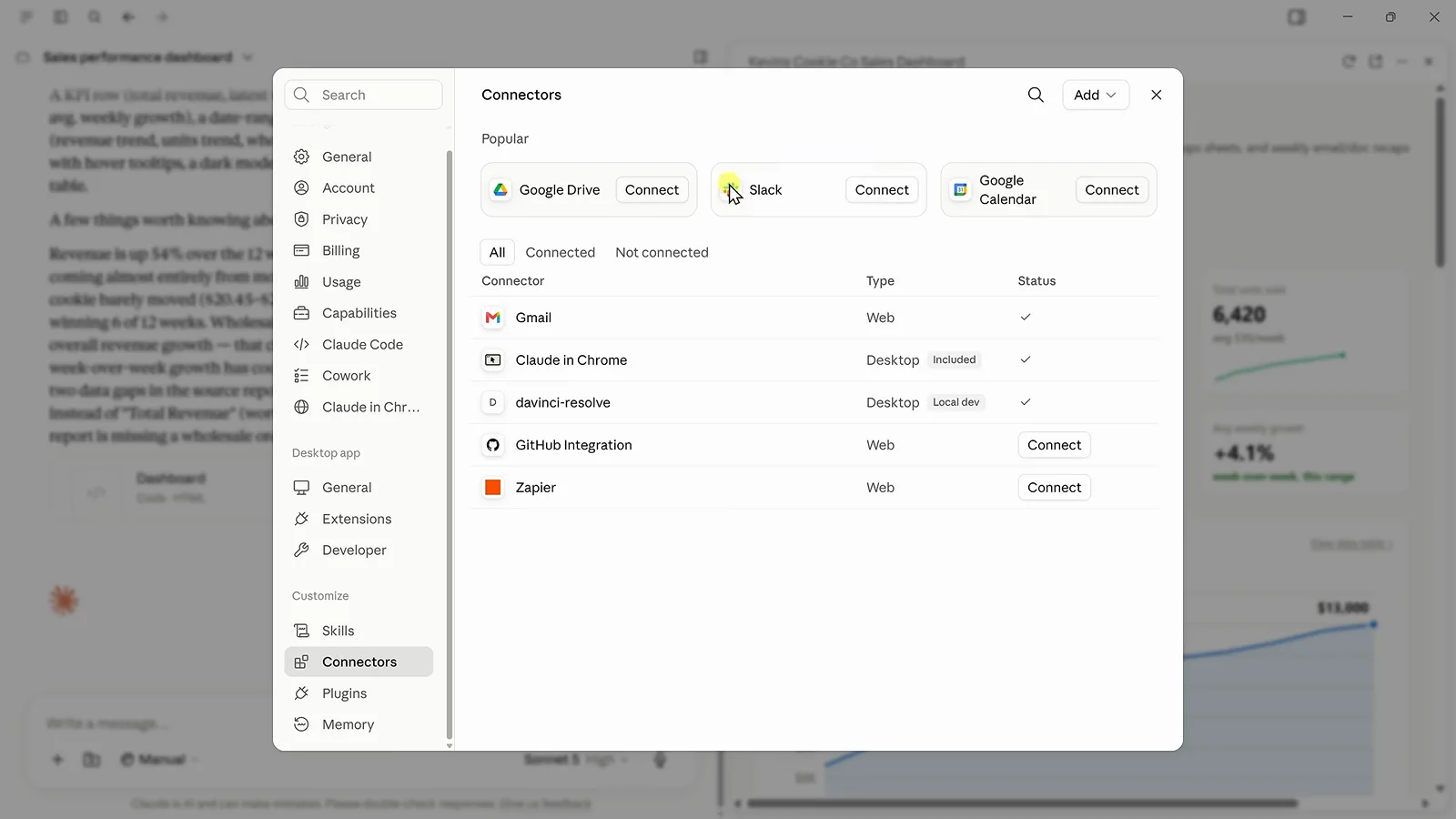 Claude Cowork Connectors settings dialog with Google Drive, Slack and Google Calendar in the Popular row above the connector list showing Gmail connected and Zapier ready to connect Claude Cowork Connectors settings dialog with Google Drive, Slack and Google Calendar in the Popular row above the connector list showing Gmail connected and Zapier ready to connect