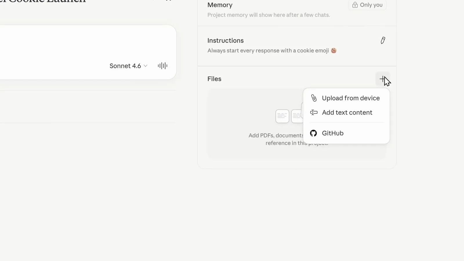 The Files plus menu in a Claude project open on Upload from device, Add text content and GitHub with the saved cookie emoji instruction visible in the panel above
