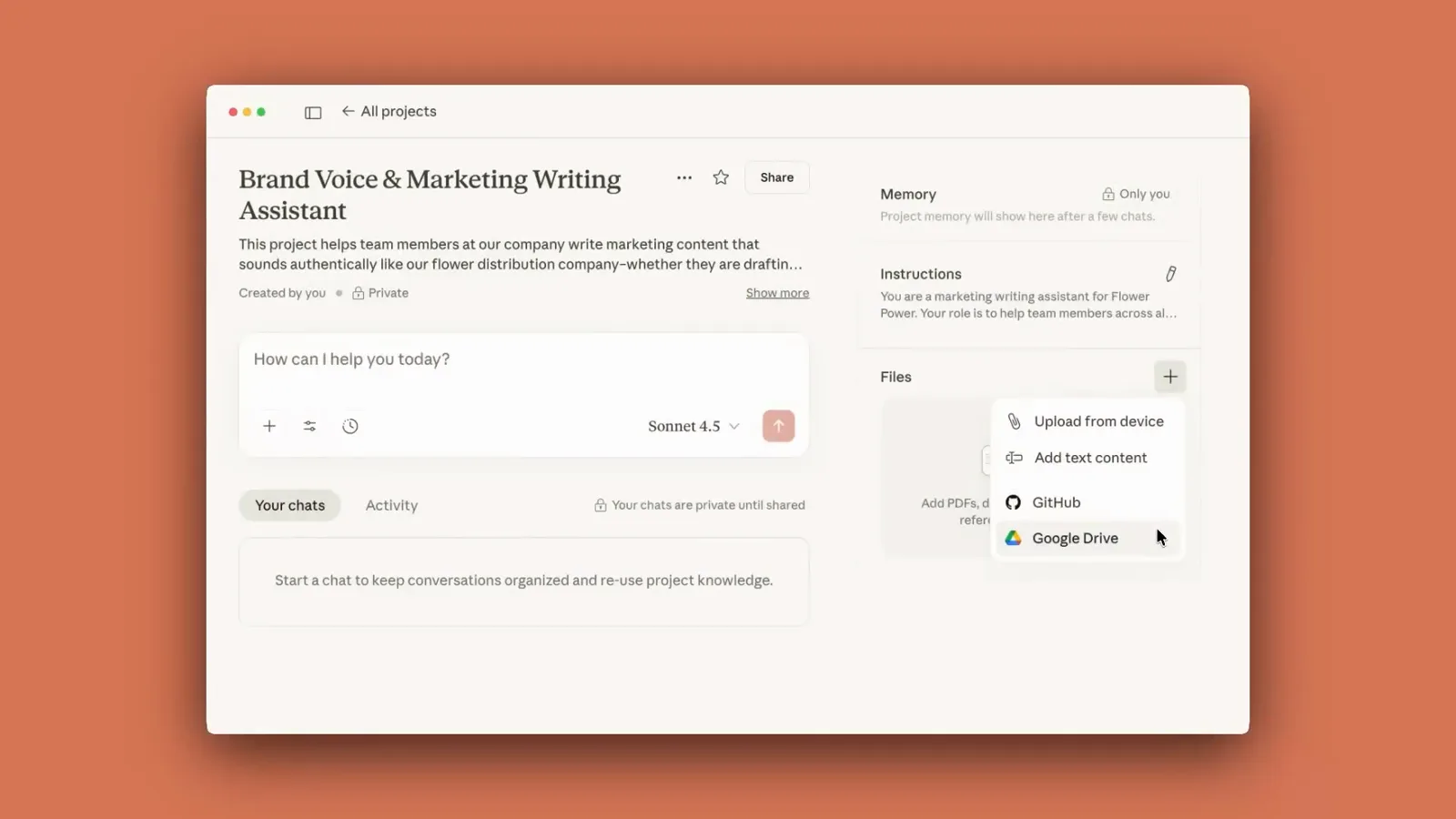 Anthropic's Files plus menu in a Claude project listing Upload from device, Add text content, GitHub and Google Drive for connecting a shared drive as project knowledge