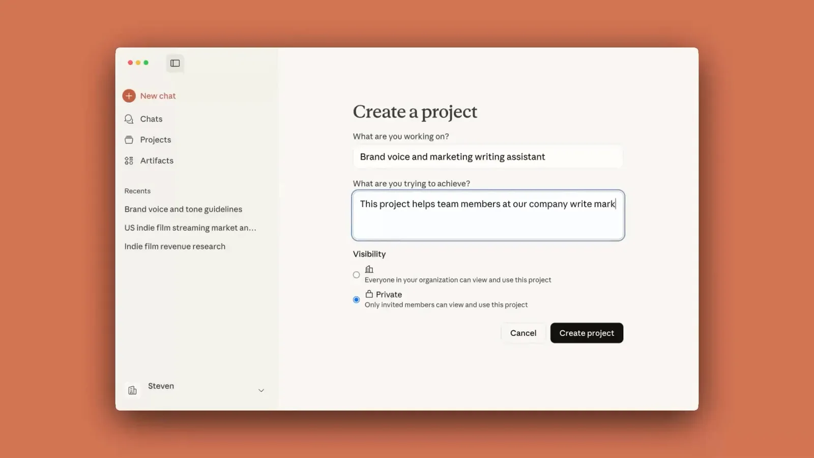 Anthropic's Create a project form showing the Visibility section with Private selected over Public, the choice that decides who can reach a new Claude project