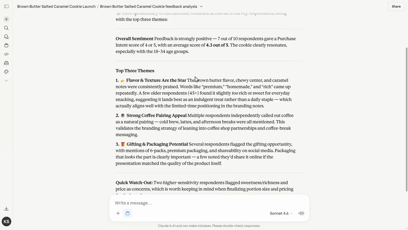Claude summarizing customer feedback from files inside a Claude project into a Top Three Themes list, reusing uploaded survey data without re-uploading it