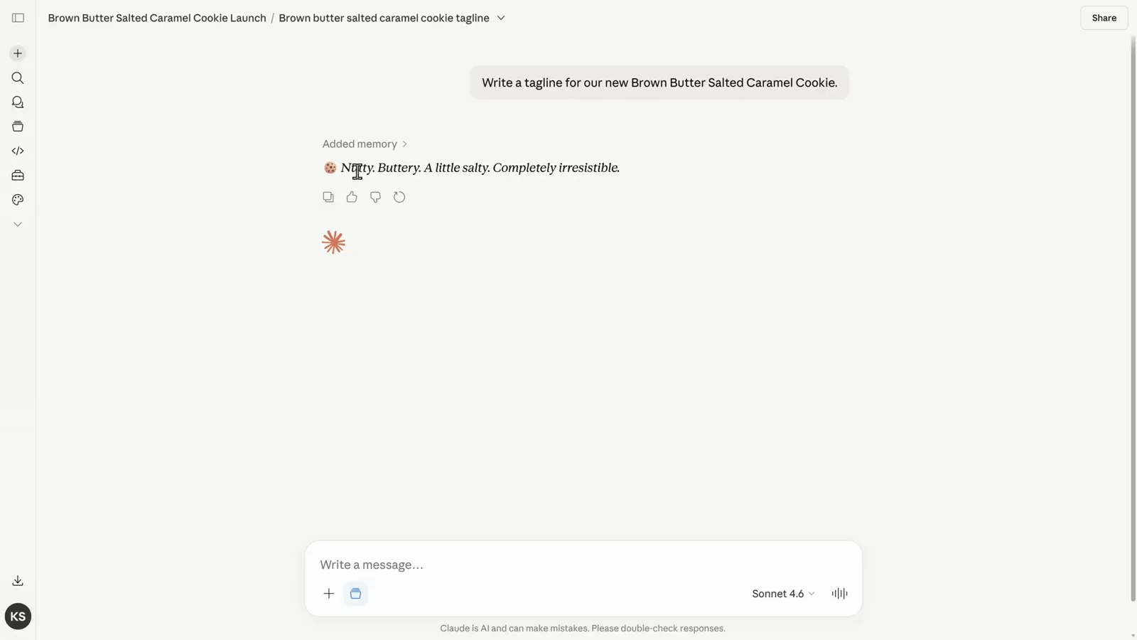 Claude answering a cookie tagline request inside a project with a cookie emoji starting the reply, proof that saved project instructions apply to every chat