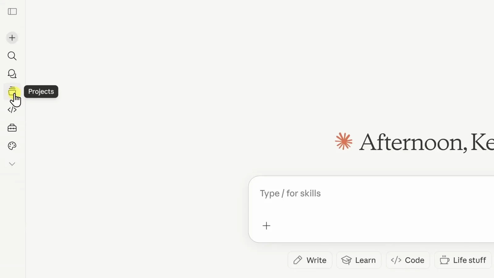 Claude.ai home screen with the collapsed left icon rail and the cursor hovering the Projects icon whose tooltip reads Projects, the entry point that opens your project list