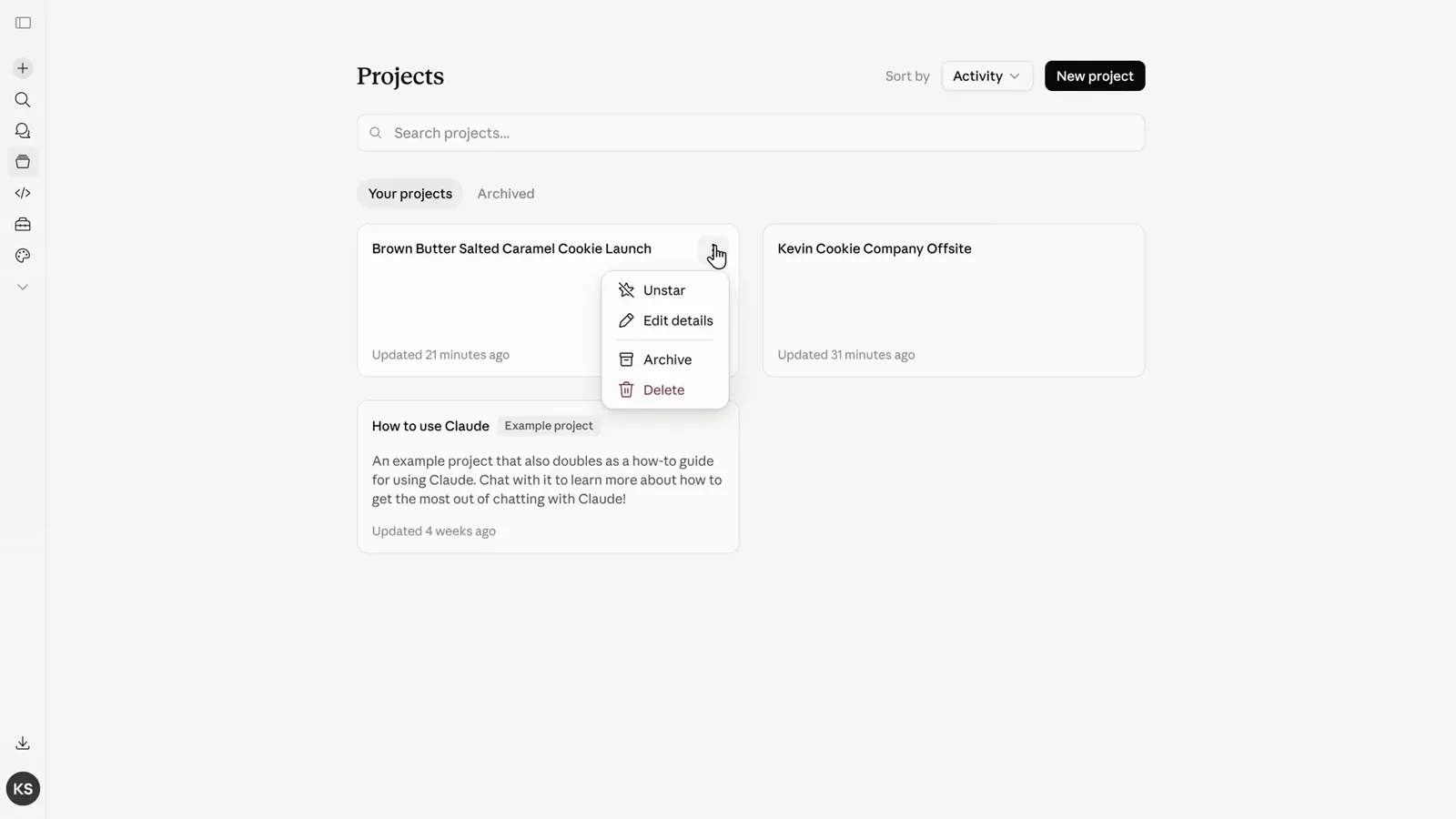 The three-dot menu on a Claude project card open with Unstar, Edit details, Archive and Delete options for managing a finished project