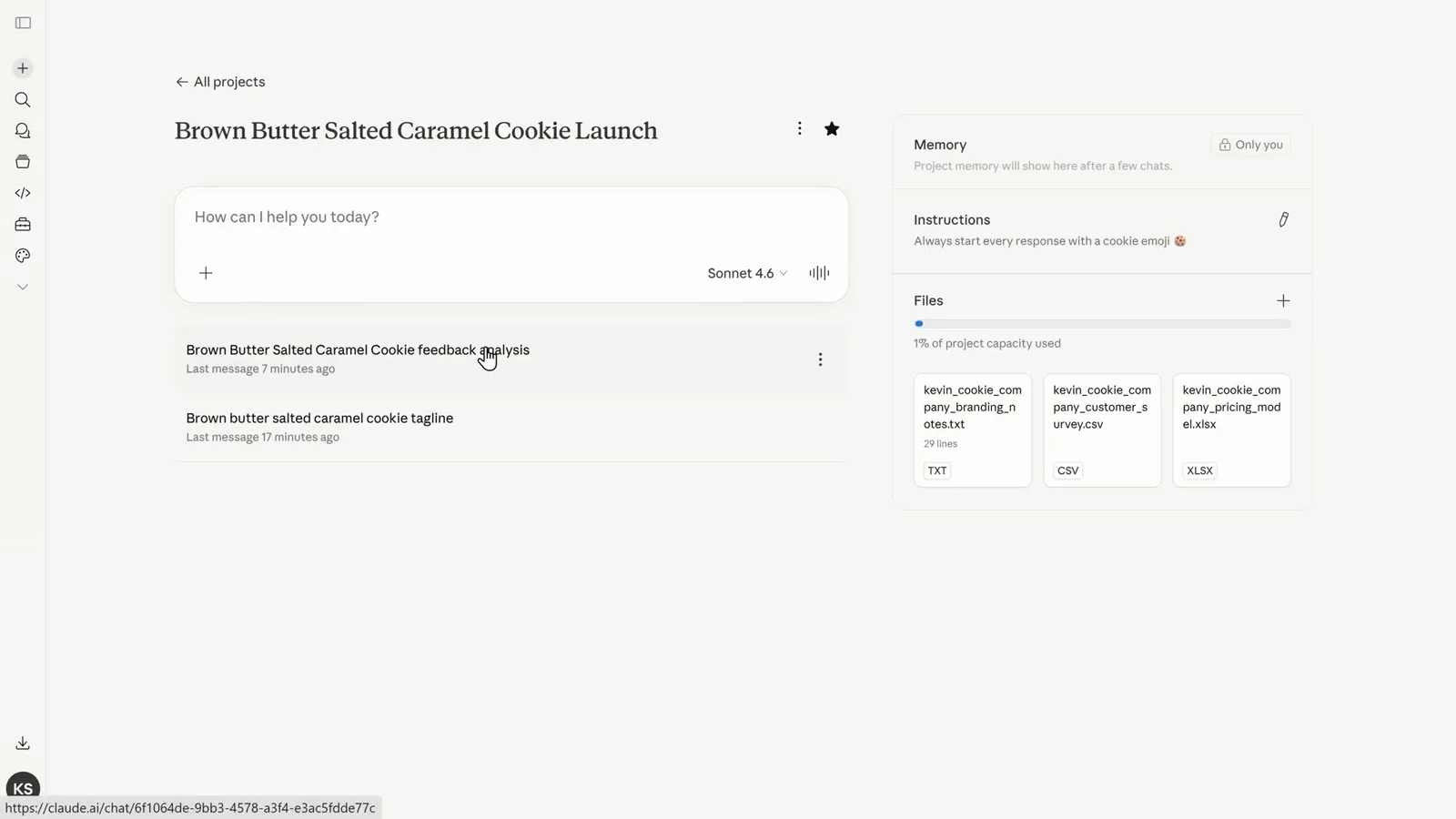 A Claude project listing its past conversations on the project home page with the files panel alongside, keeping every chat about one launch in a single place