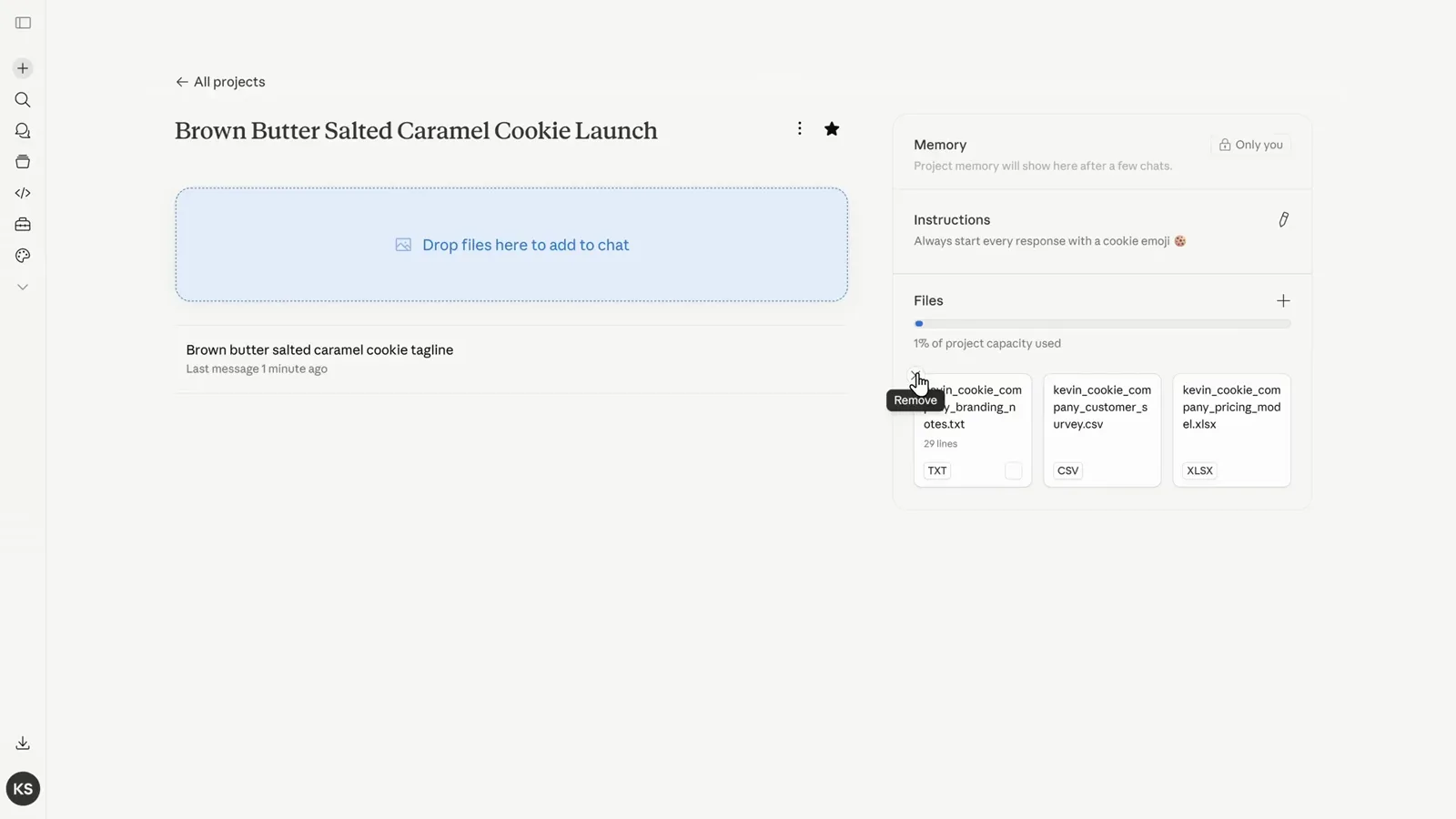 Project files panel in Claude showing three uploaded documents as thumbnails beside a drop-files banner and an X button for removing an individual file