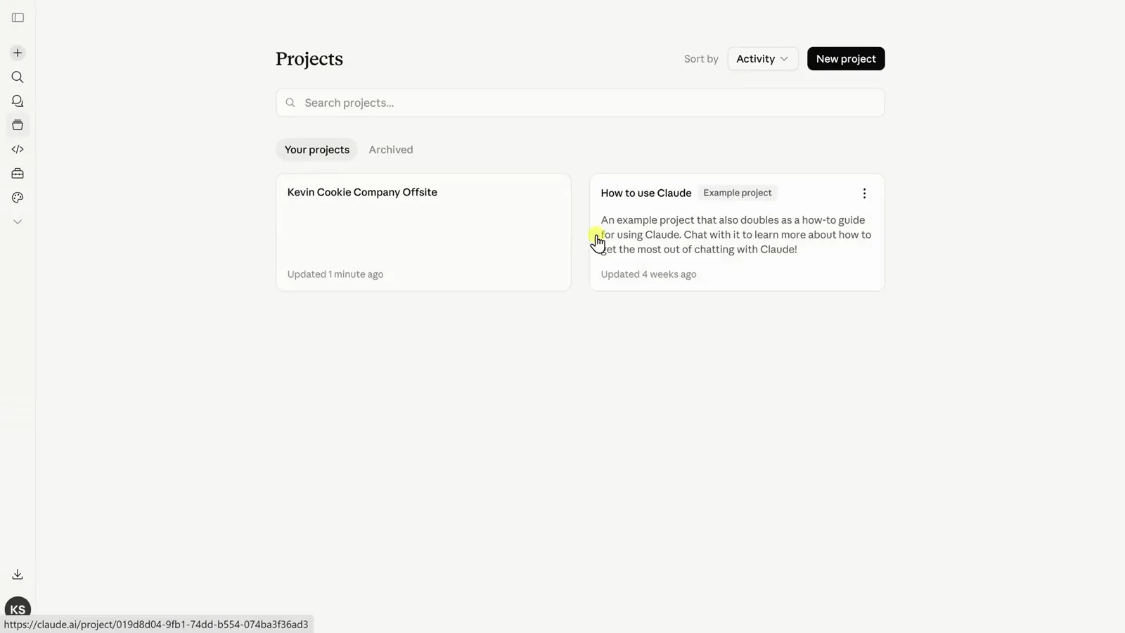 Claude Projects home page with Your projects and Archived tabs, a Search projects box and the black New project button in the top right corner