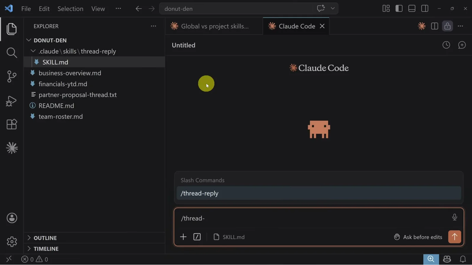 Claude Code slash command menu in VS Code suggesting the thread-reply skill after a fresh session picked up the copied skill folder