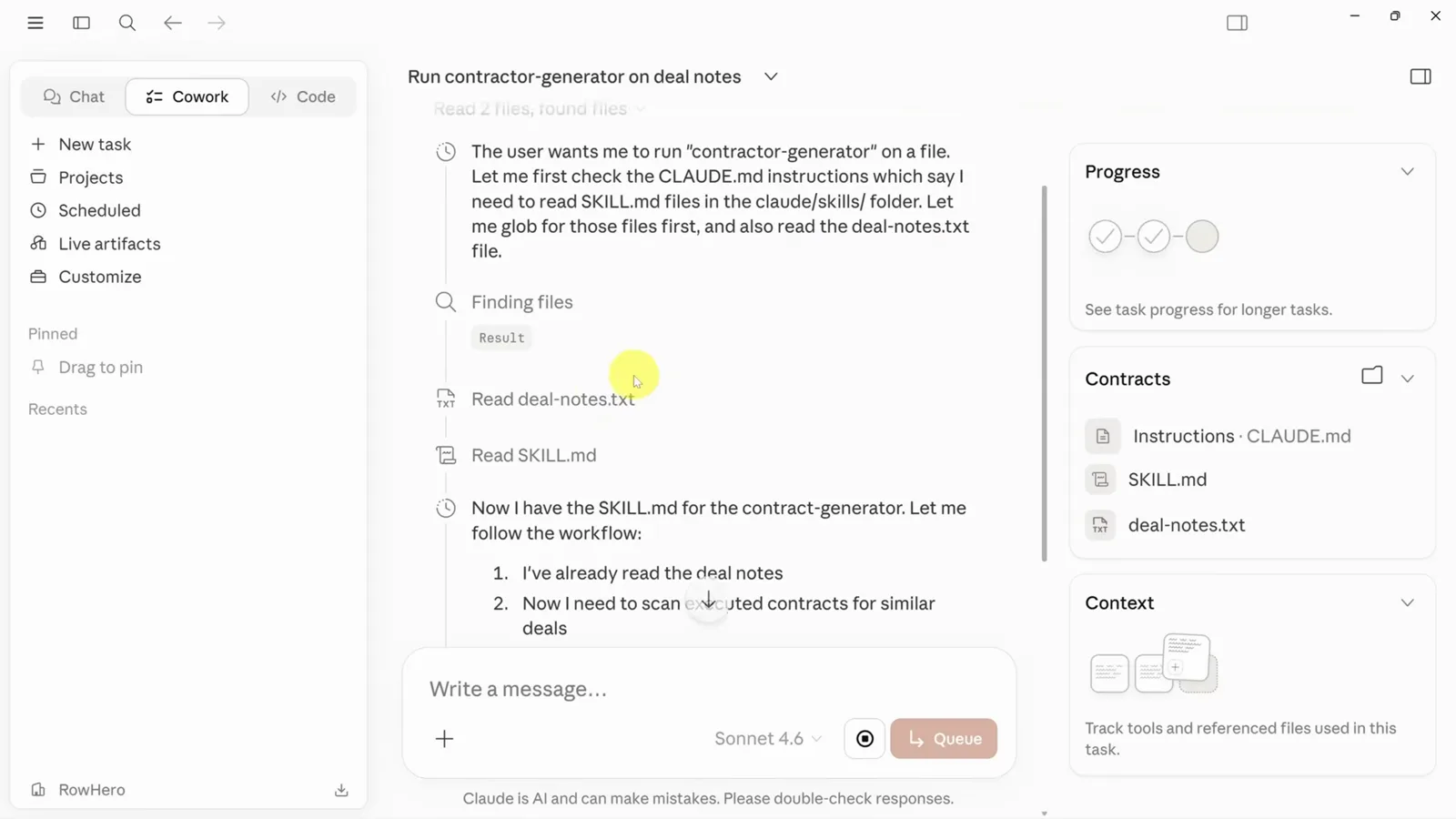 Claude Cowork running the contract-generator skill from a OneDrive folder while its progress panel reads deal notes and follows the SKILL.md workflow