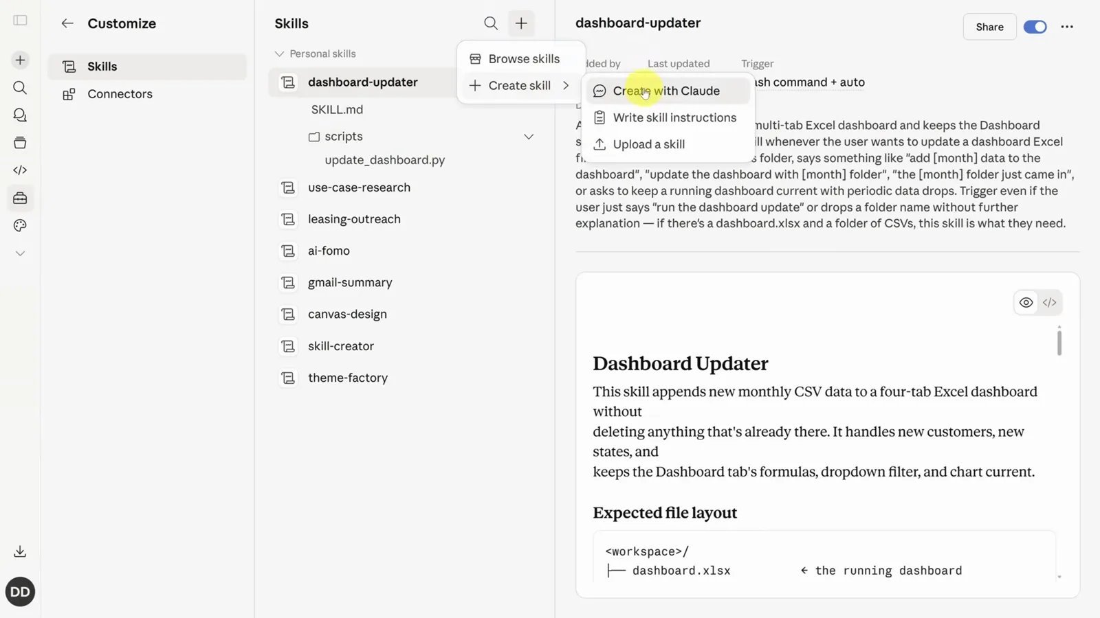 Claude Skills plus menu open in the Customize panel offering Browse skills, Create with Claude and Upload a skill beside the dashboard-updater example