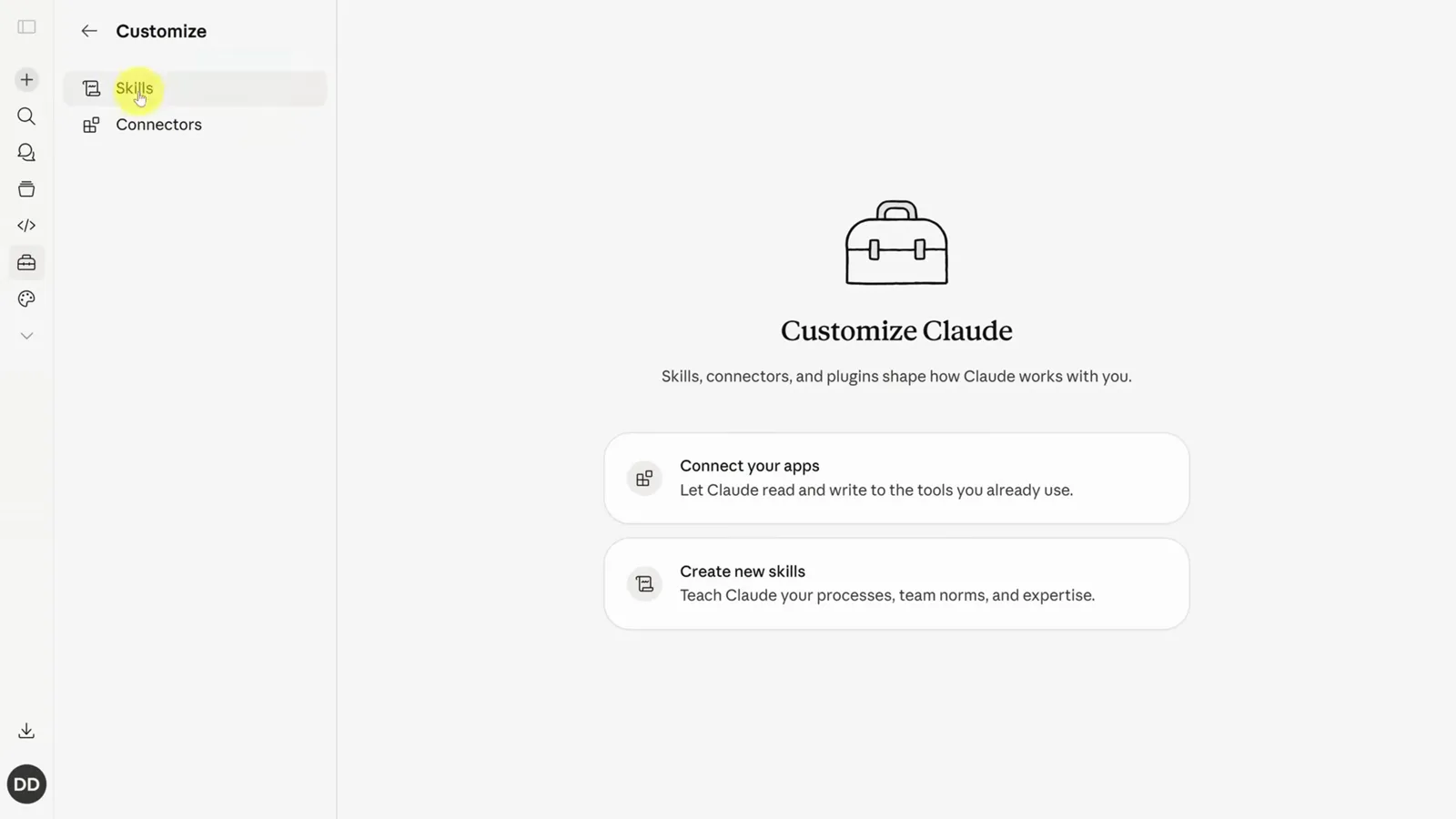 Claude Customize page on claude.ai showing the Skills and Connectors cards where every Claude Skill you build or install is listed without a paid plan