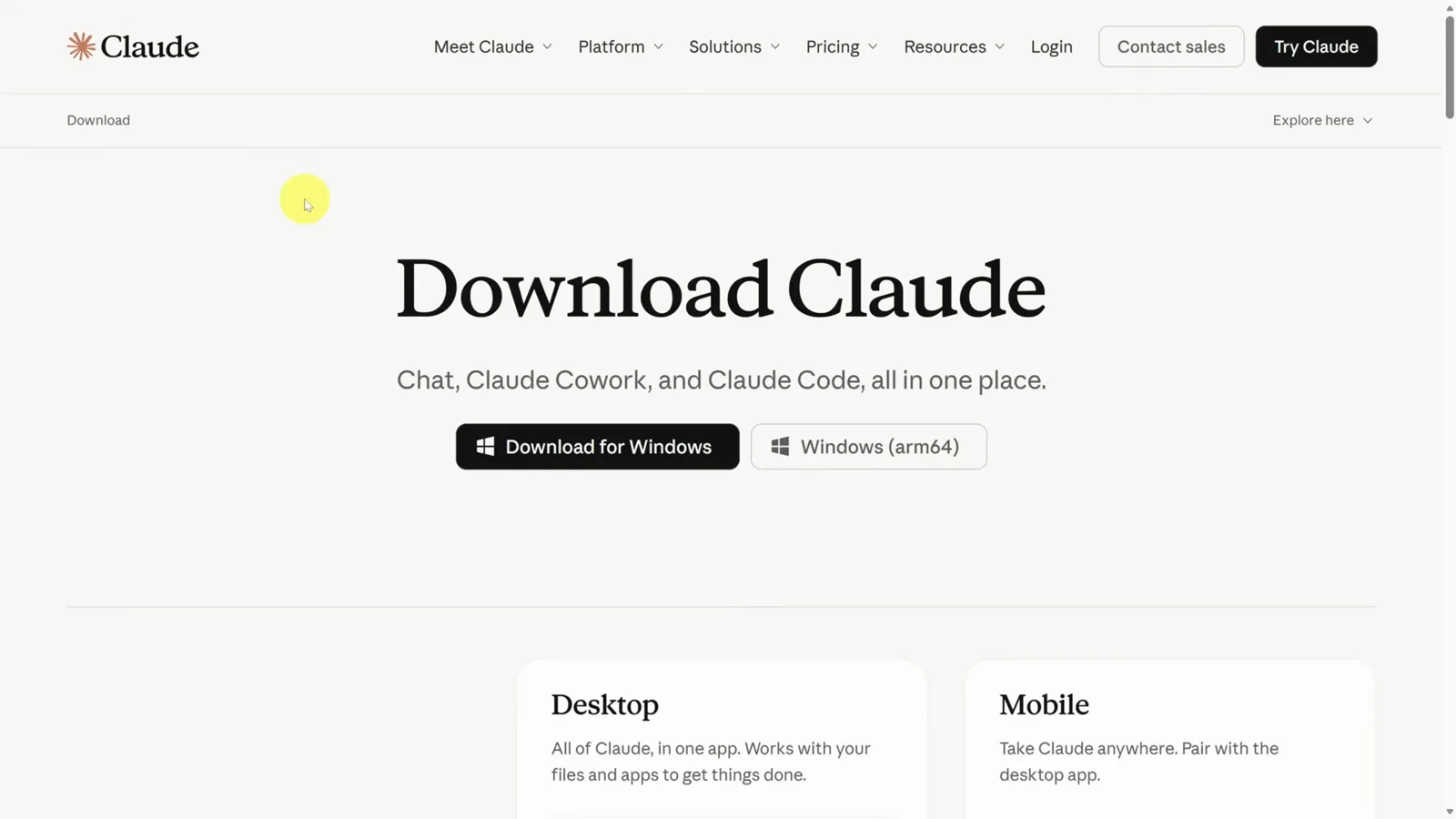 Download Claude desktop page advertising Chat, Claude Cowork and Claude Code together in one app so a skill built on the web follows you everywhere