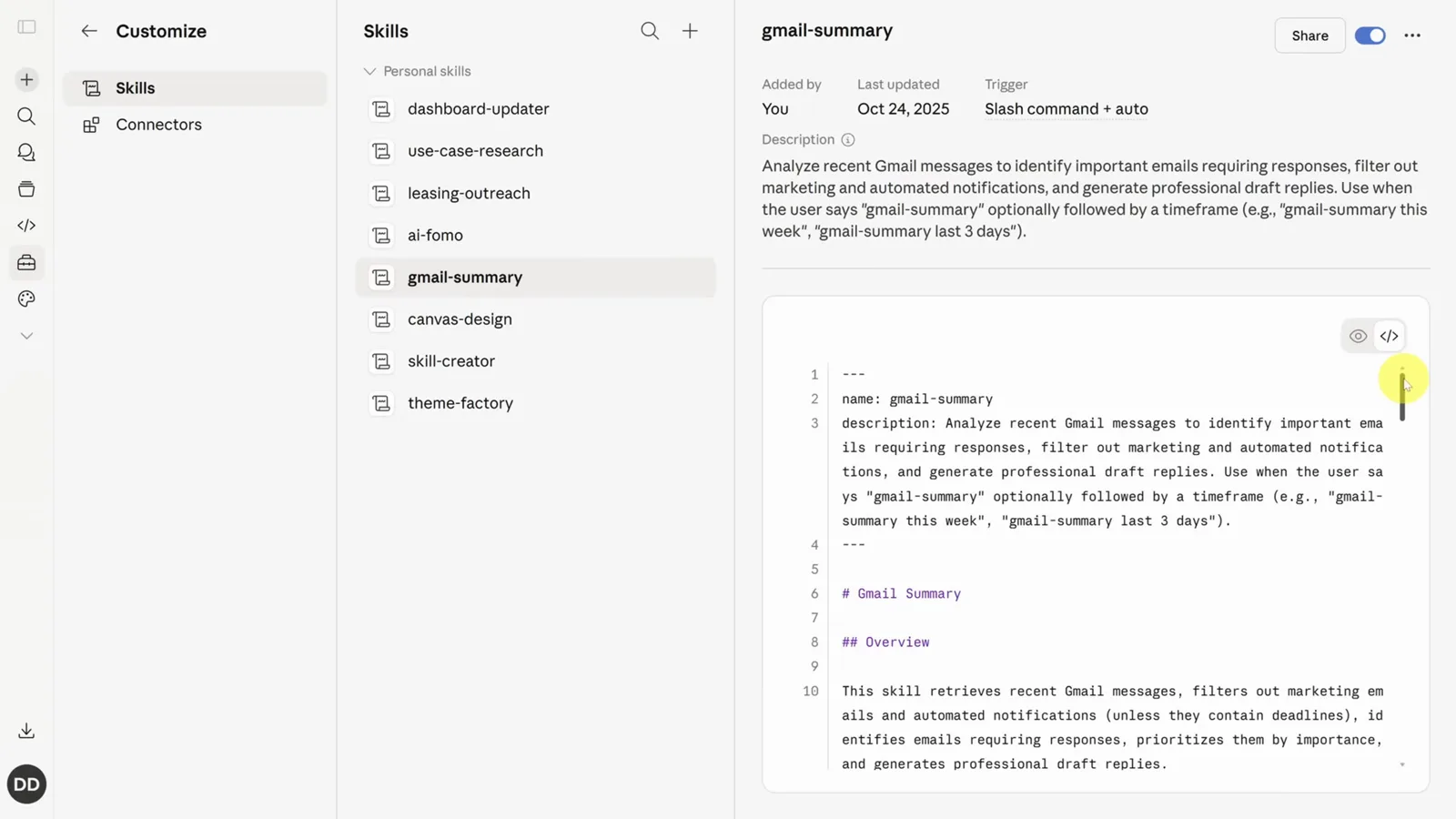 Raw SKILL.md of the gmail-summary example skill with its name and description frontmatter above the markdown prompt body in Claude's code view