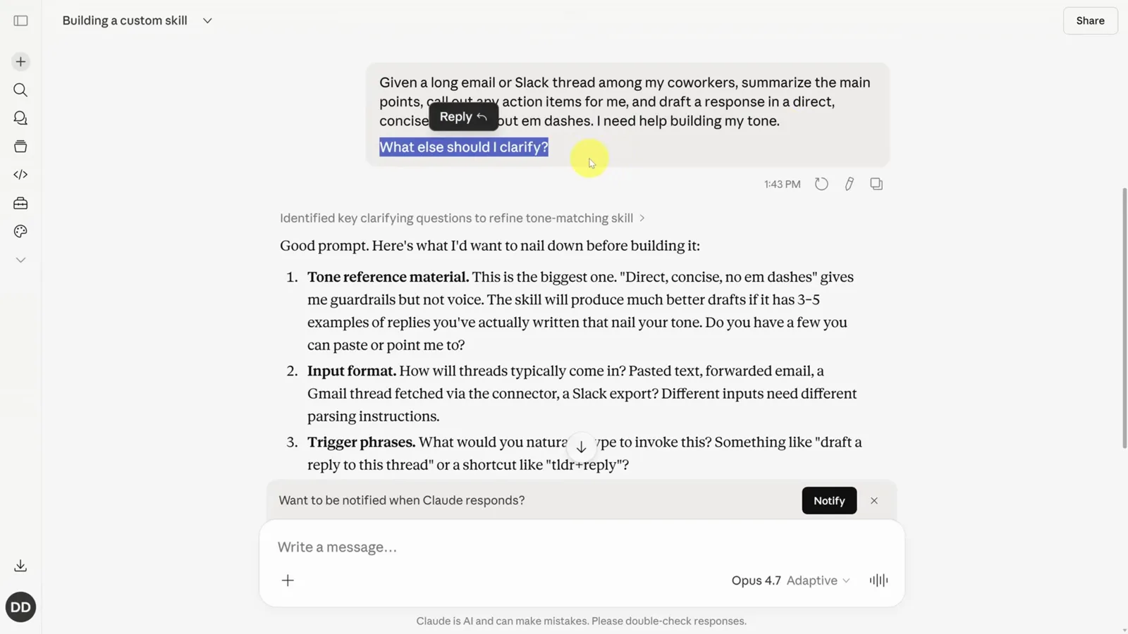 Claude skill-creator chat asking clarifying questions about tone reference material, email input format and trigger phrases for a thread-reply skill