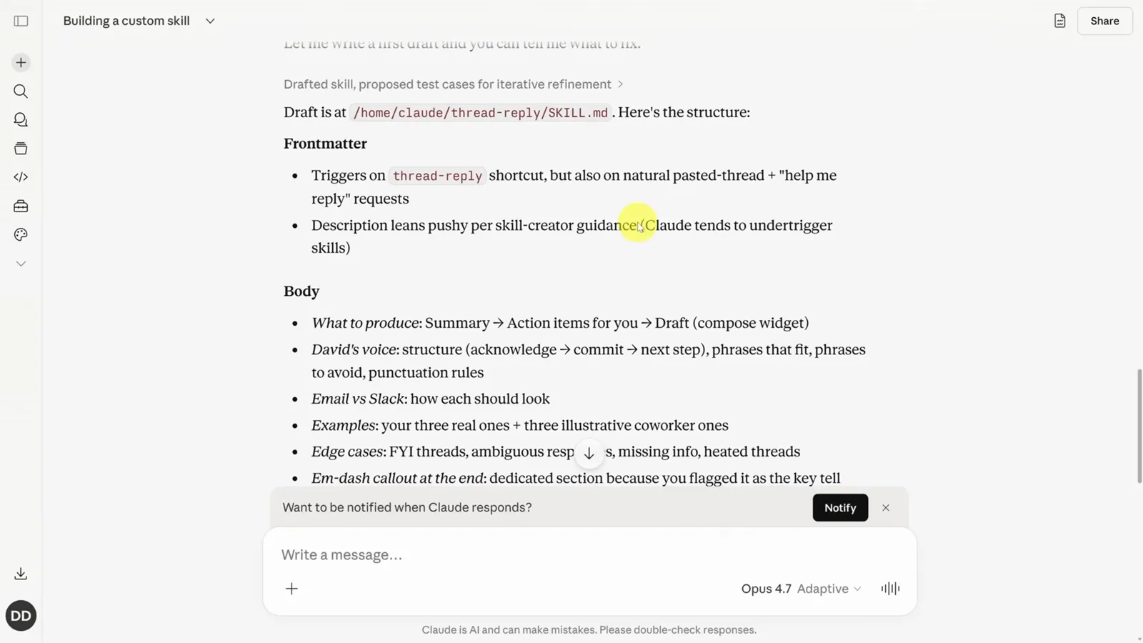 Drafted thread-reply SKILL.md in Claude splitting Frontmatter trigger phrases and description from the Body prompt with Summary, Action Items and Draft reply sections