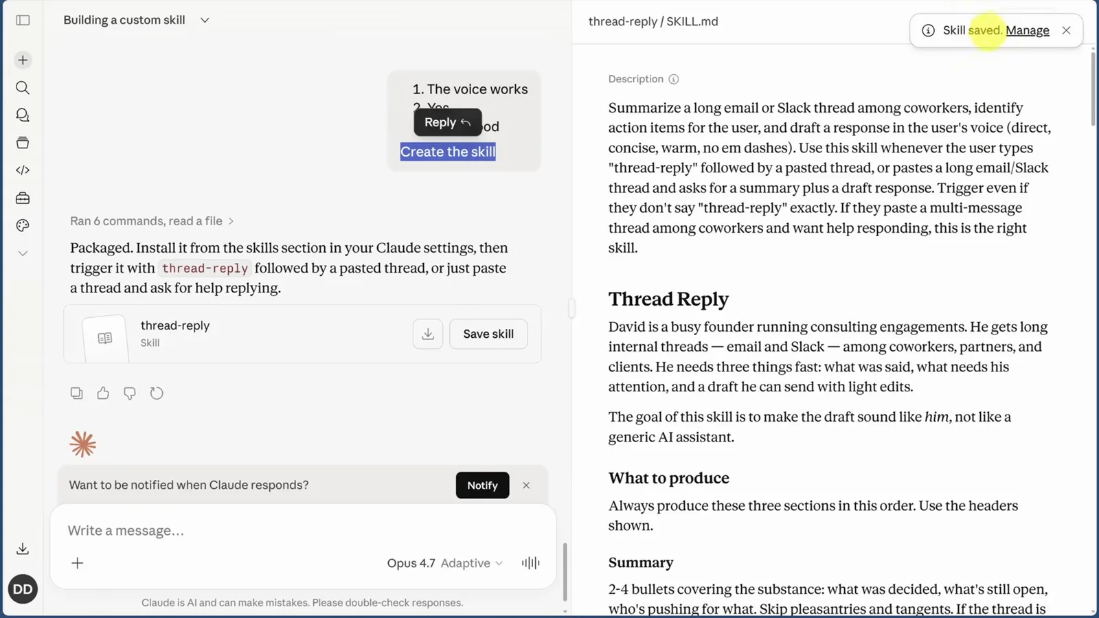 Saved thread-reply skill in Claude with the Create the skill and Save skill buttons next to the final SKILL.md description and What to produce sections