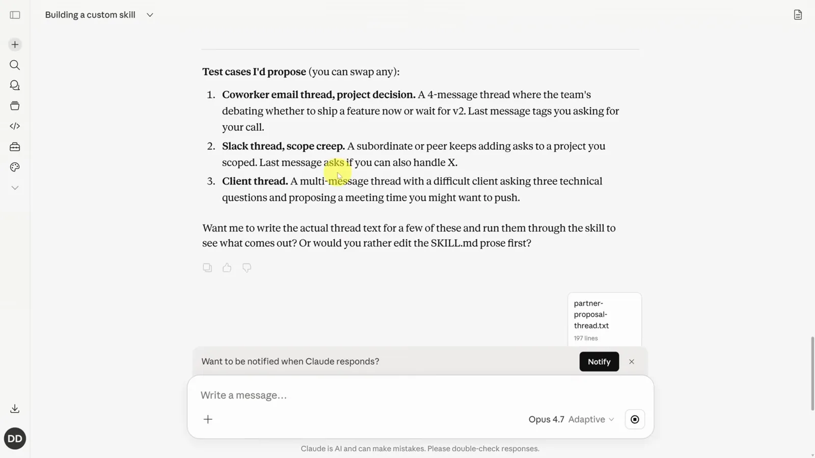 Claude proposing three skill test cases covering a coworker email thread, a Slack scope-creep thread and a difficult client thread before saving