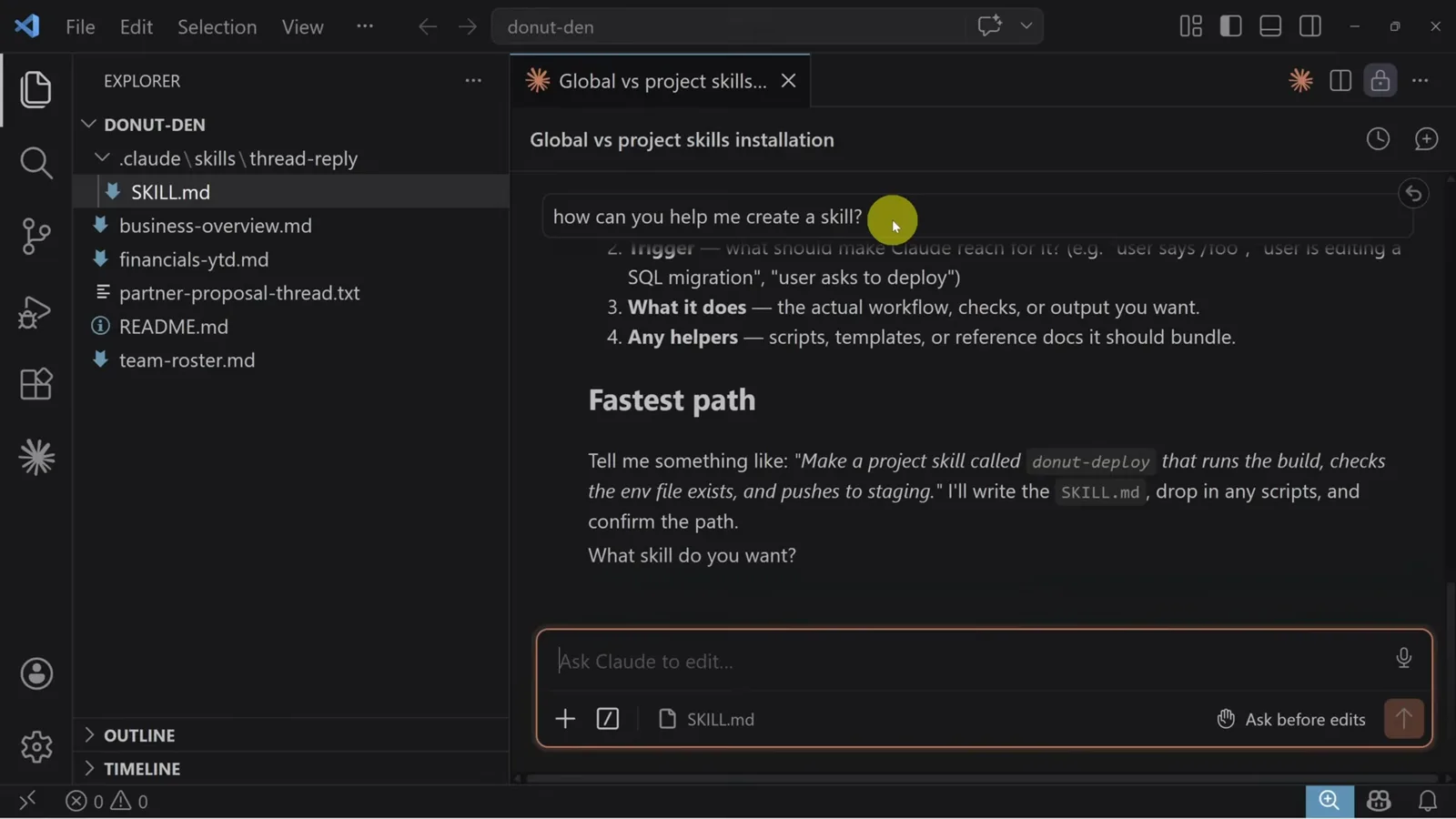 VS Code explorer showing the thread-reply skill folder with its SKILL.md nested inside the project's .claude/skills directory ready for Claude Code