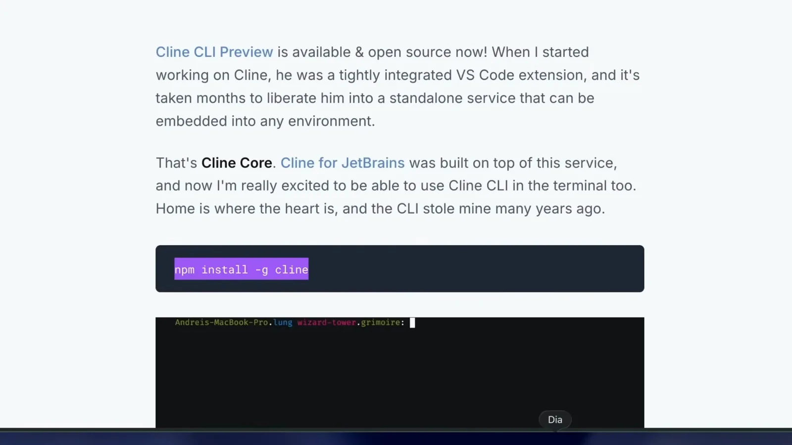 Cline blog post announcing the open-source CLI Preview with the npm install -g cline command shown in a dark code block