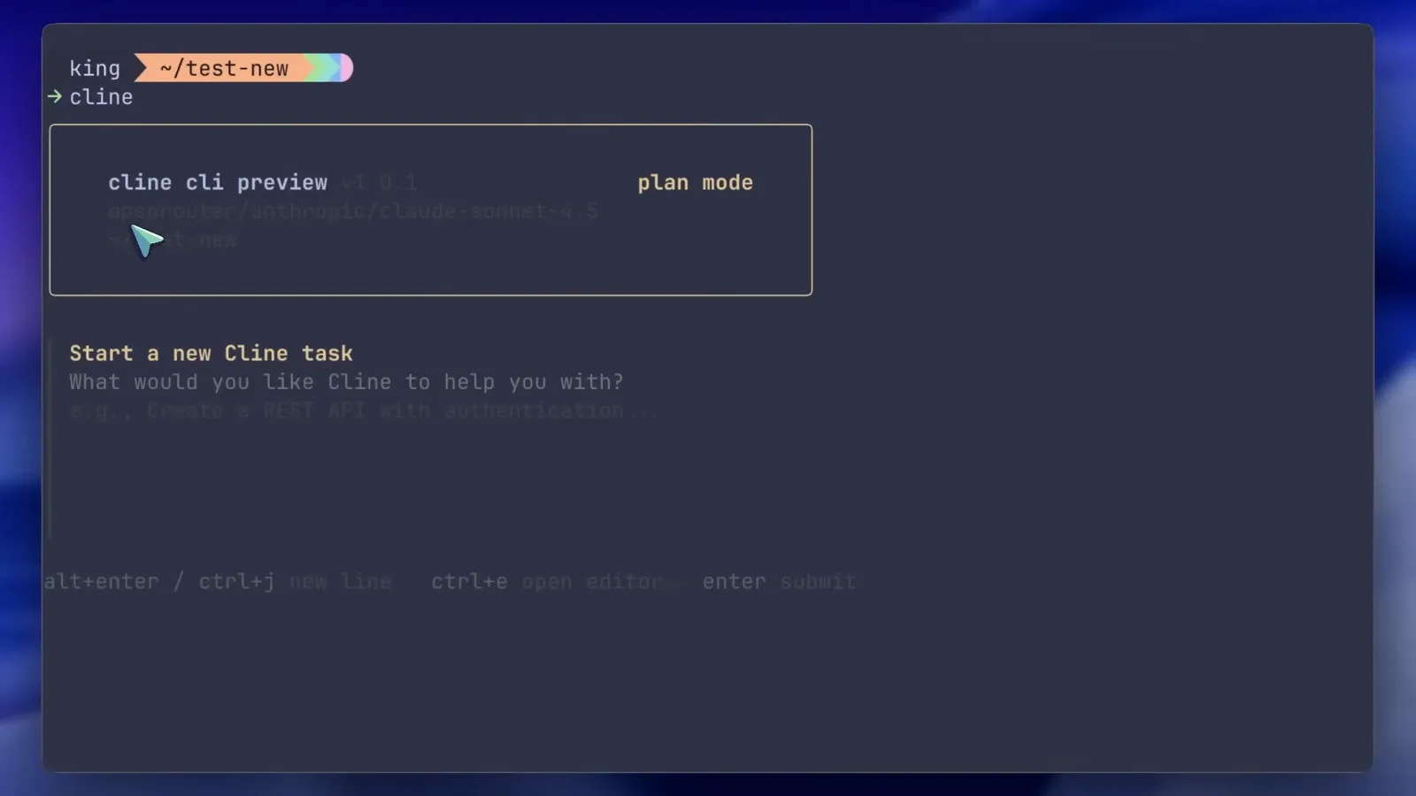 Cline CLI preview v1.0.1 welcome box in a terminal showing the active model, a plan mode badge and the Start a new Cline task prompt