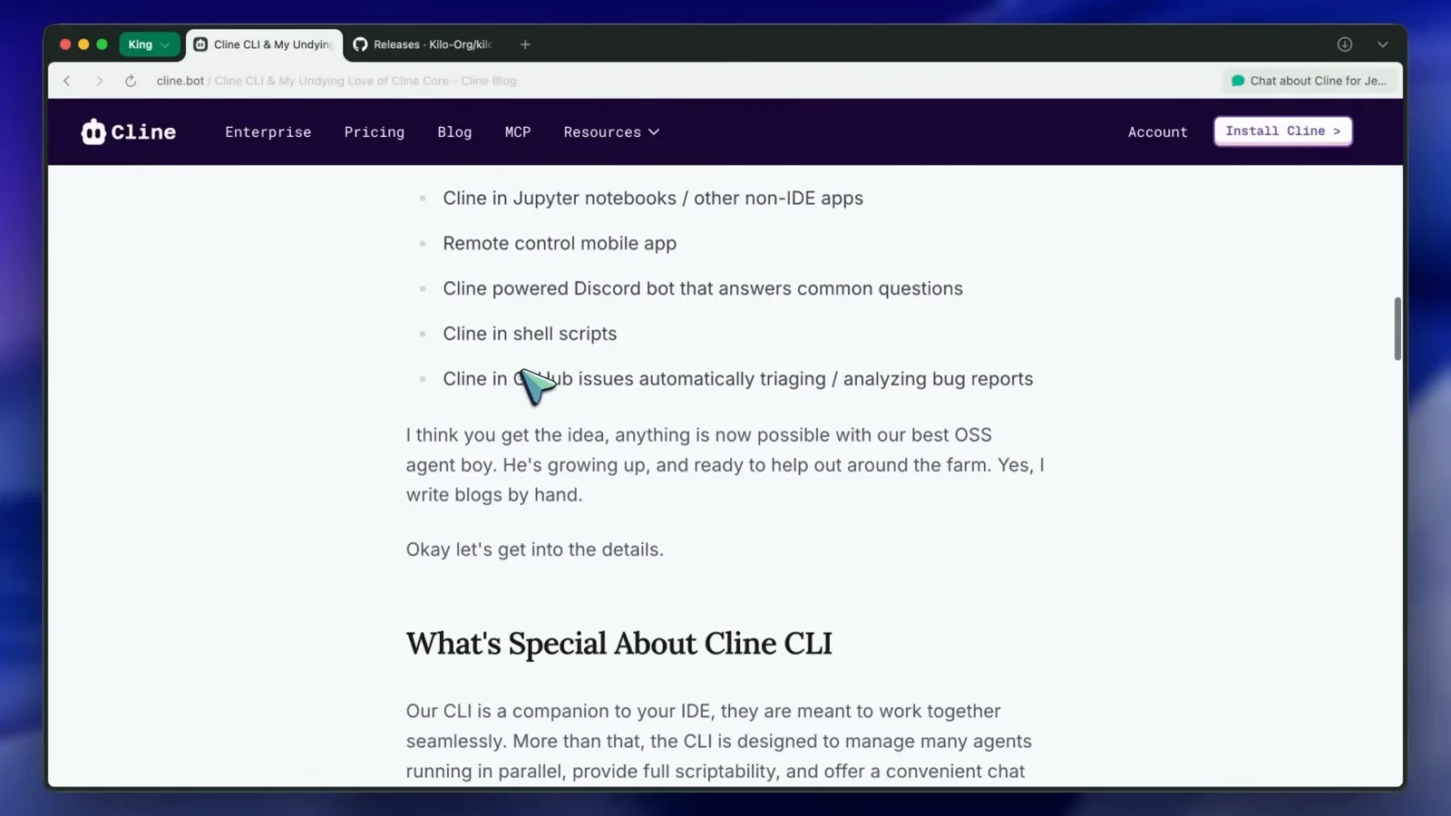 Cline blog list of things to build with the CLI, including a Discord bot that answers common questions and GitHub issues automatically triaging bug reports
