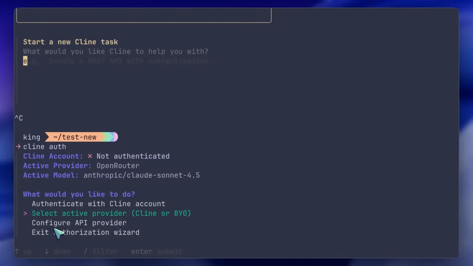 Cline CLI authorization wizard after running cline auth, listing Authenticate with Cline account, Select active provider and Configure API provider options