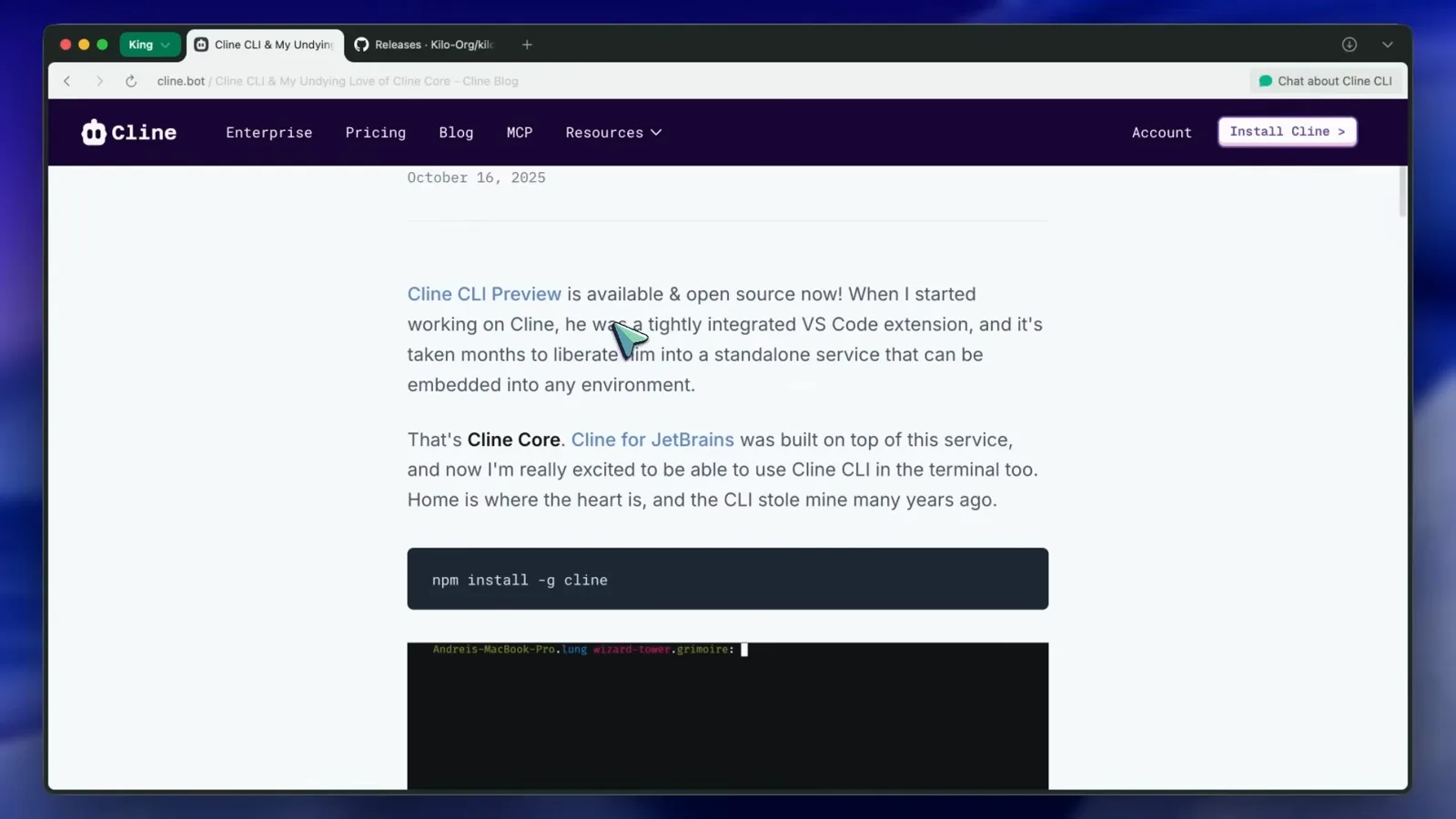 Cline docs page titled What's Special About Cline CLI describing a companion to your IDE that manages many agents in parallel with plan and act modes, checkpoints and headless use