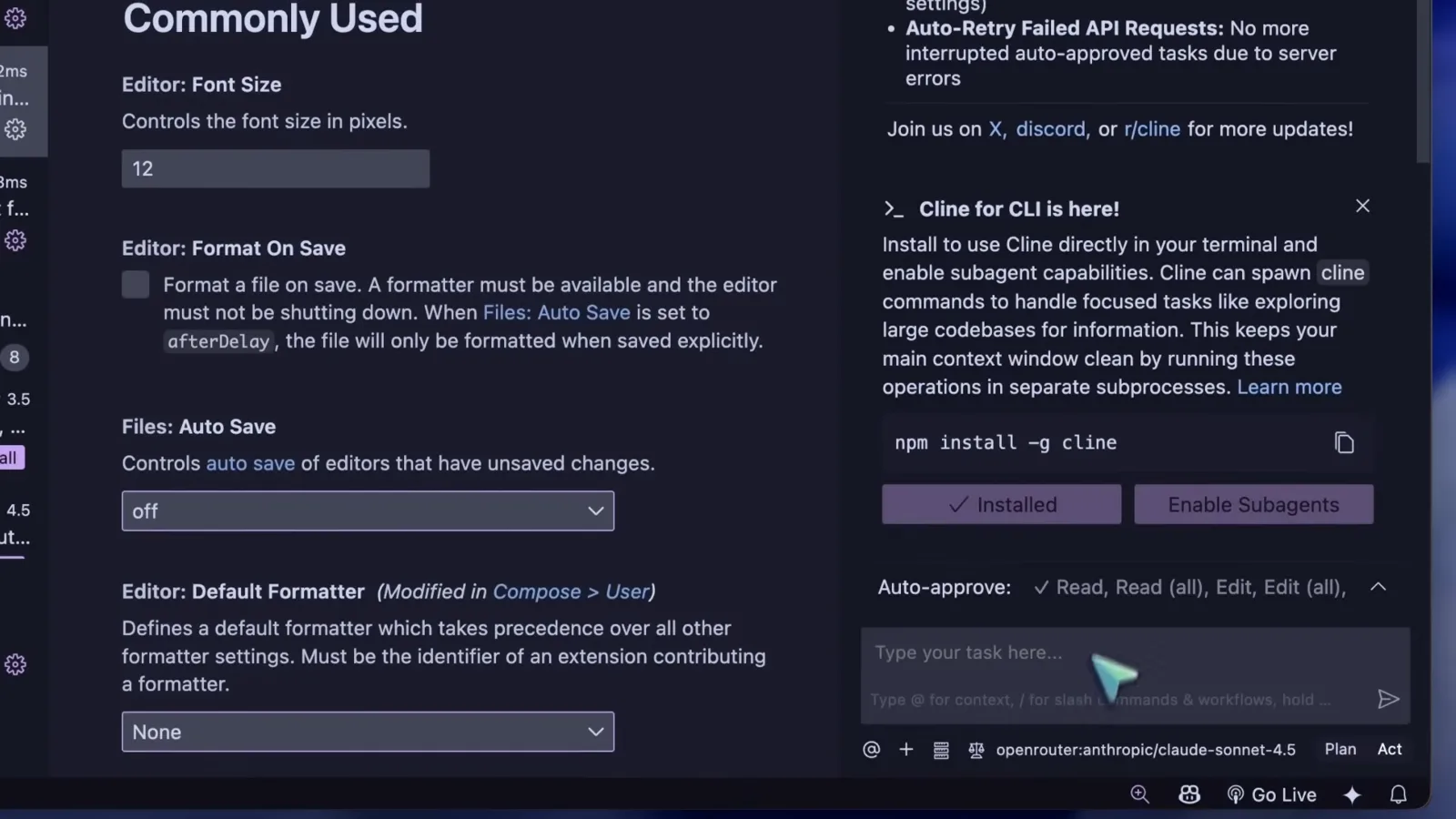 Cline for CLI is here panel in VS Code with the npm install -g cline snippet and the Installed and Enable Subagents buttons above the auto-approve list