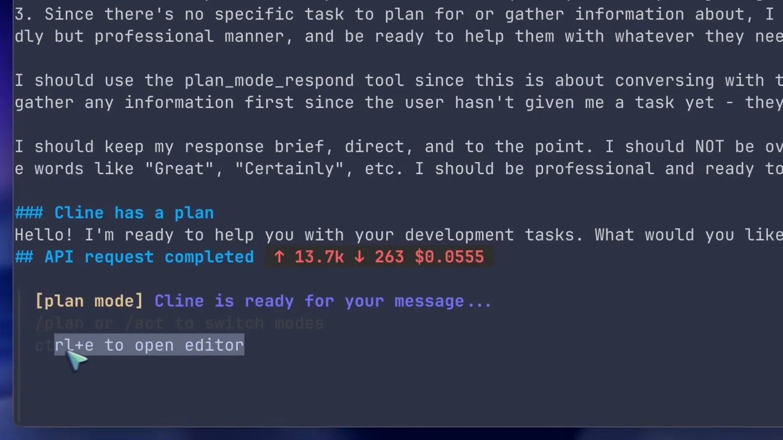 Terminal cursor pointing at the /plan or /act to switch modes hint below the [plan mode] Cline is ready for your message input in the Cline CLI