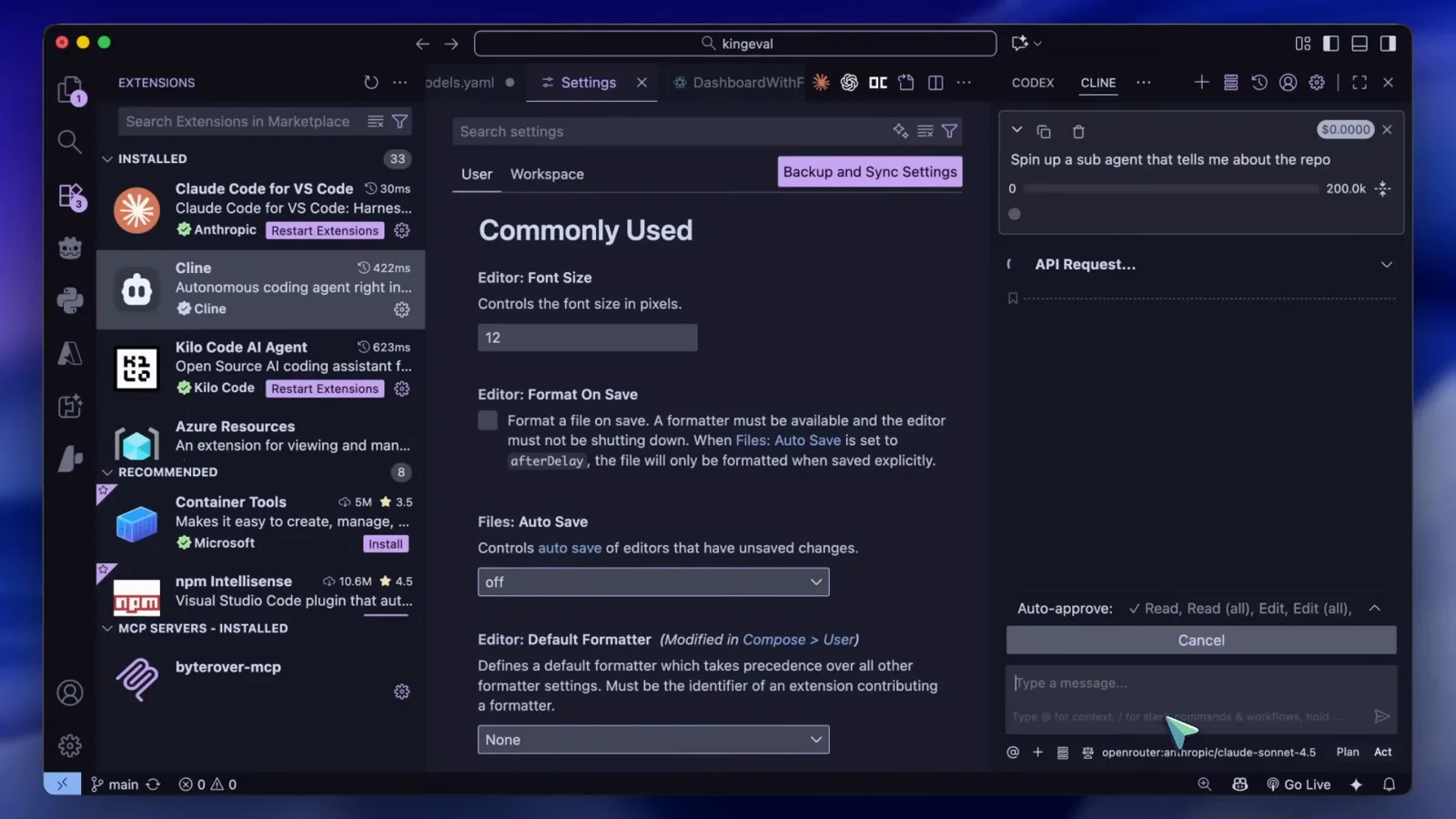 Cline VS Code panel showing Cline wants to use a subagent with a Pending status and the full five-point repository analysis prompt beside the Terminal panel