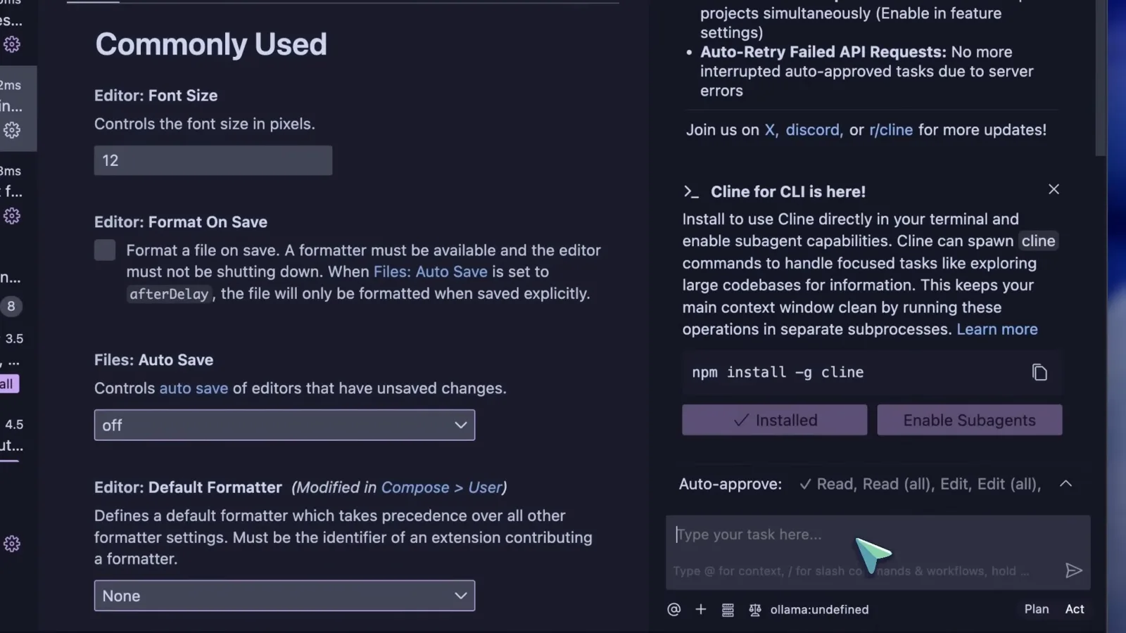 VS Code with the Cline panel showing the New in v4.106.0 changelog entry for the Cline CLI and the Cline for CLI is here banner with an npm install -g cline snippet