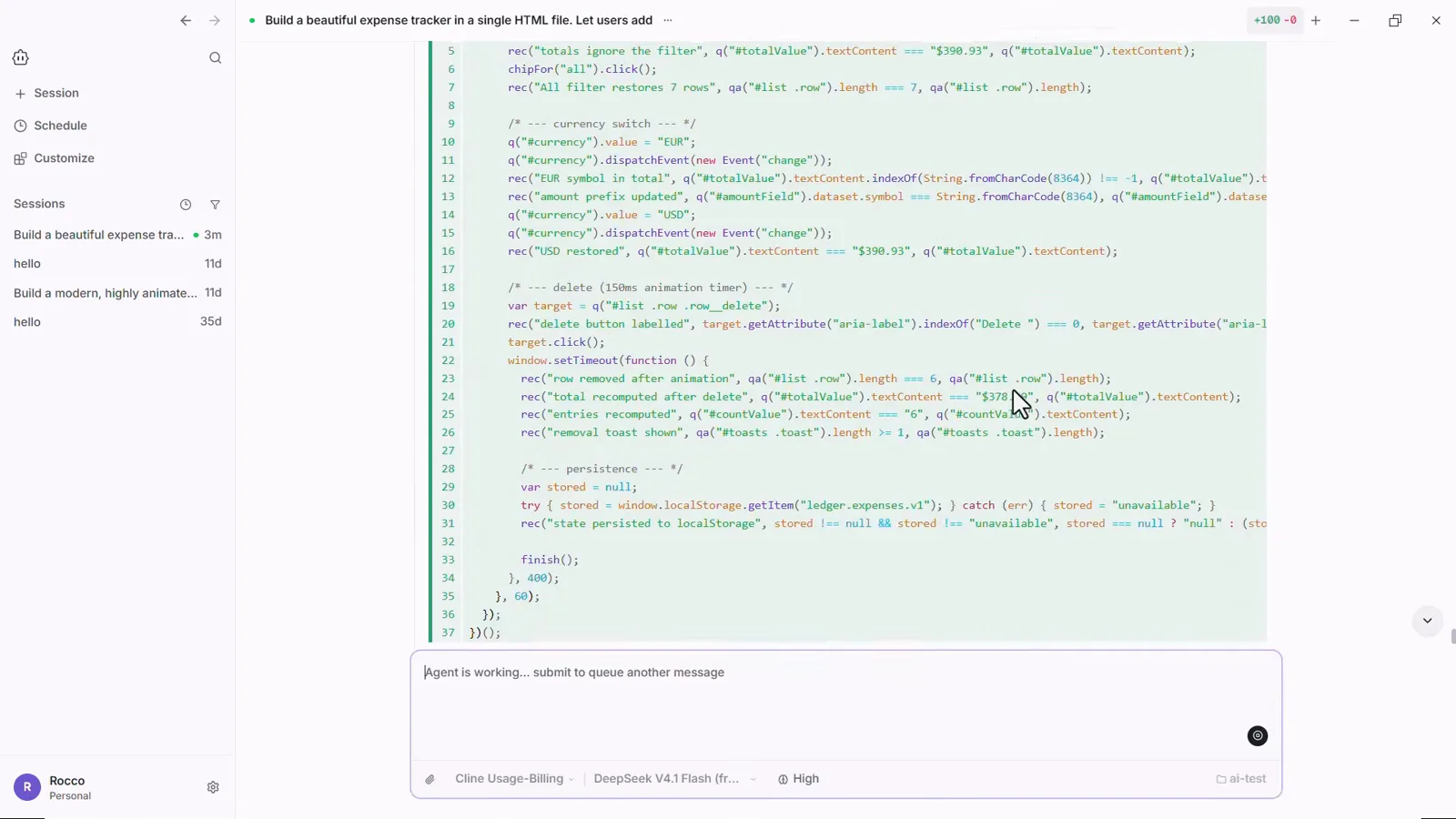 Cline Desktop editor view streaming expense tracker JavaScript with currency switching and localStorage persistence while the agent is working Cline Desktop editor view streaming expense tracker JavaScript with currency switching and localStorage persistence while the agent is working