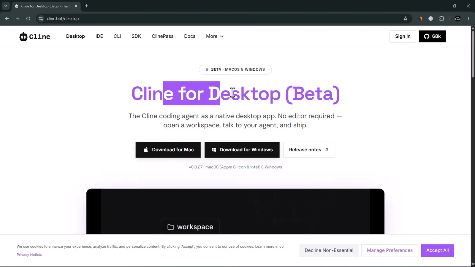 cline.bot Cline for Desktop (Beta) page with the Download for Mac and Download for Windows buttons and the Release notes link, the first stop of a Cline Desktop tutorial cline.bot Cline for Desktop (Beta) page with the Download for Mac and Download for Windows buttons and the Release notes link, the first stop of a Cline Desktop tutorial