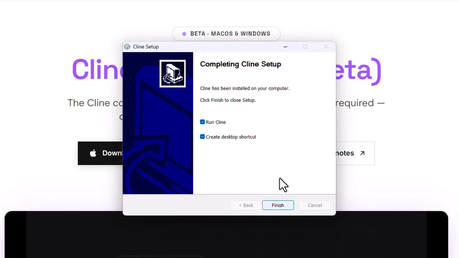 Windows Cline Setup wizard on Completing Cline Setup with the Run Cline and Create desktop shortcut checkboxes checked before clicking Finish Windows Cline Setup wizard on Completing Cline Setup with the Run Cline and Create desktop shortcut checkboxes checked before clicking Finish